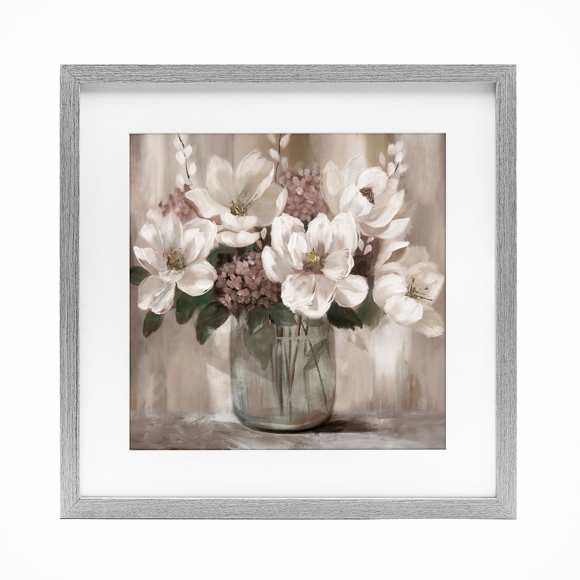 Stupell Industries Ivory Magnolias Vase Gray Framed Print Under Glass, design by Nan