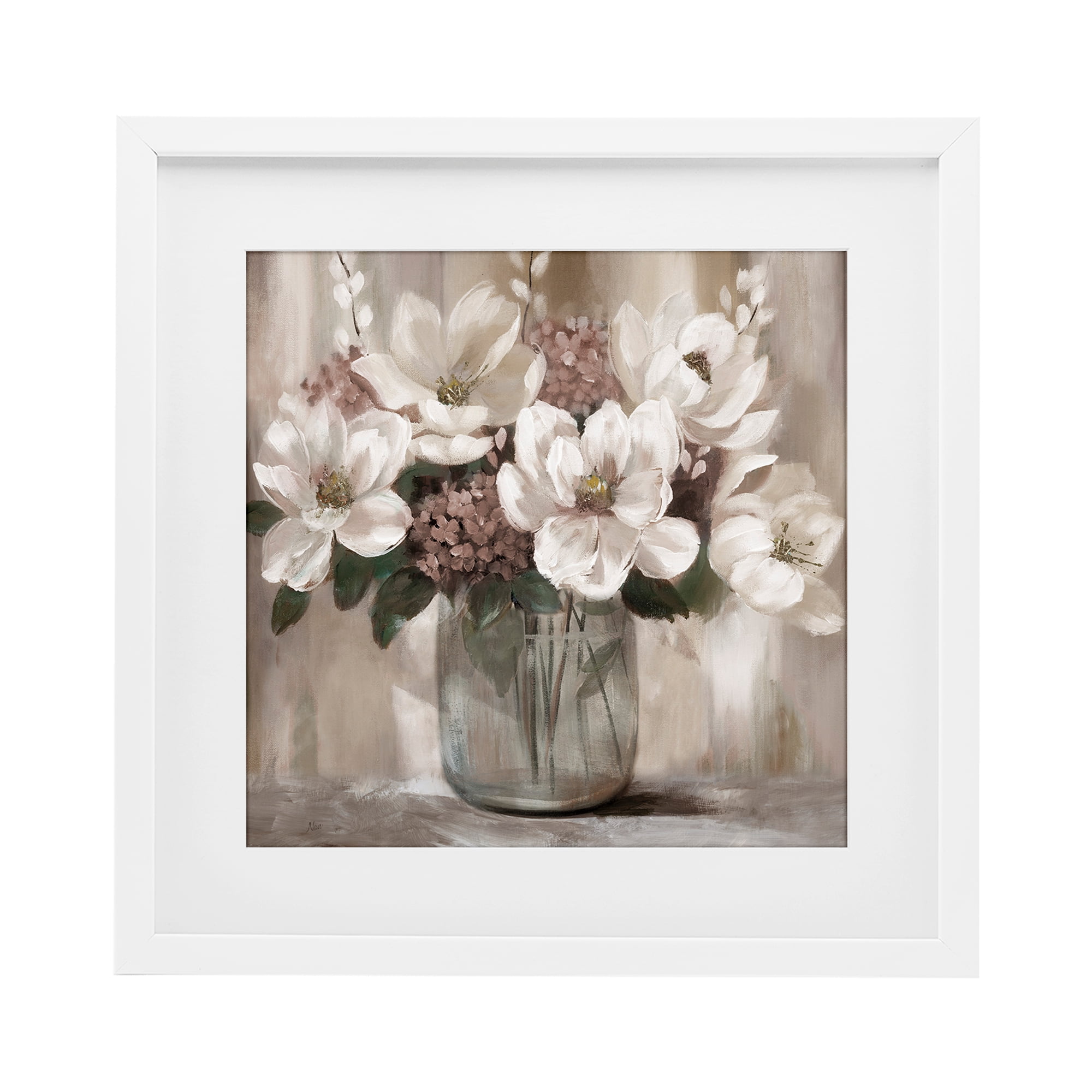 Stupell Industries Ivory Magnolias Vase White Framed Print Under Glass, design by Nan