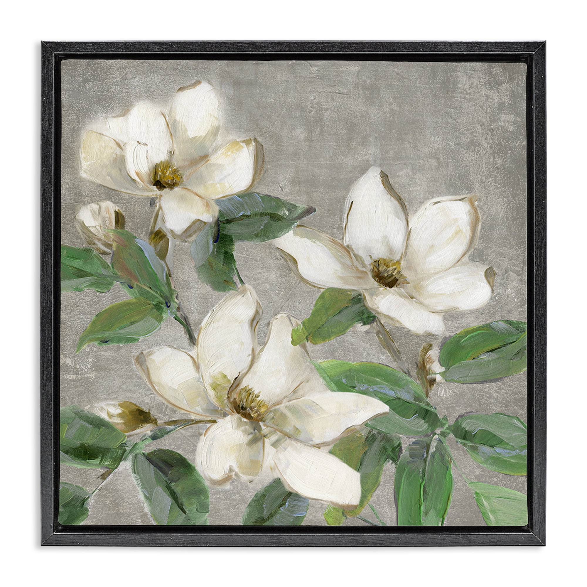 Stupell Industries Ivory Magnolias on Grey Black Framed Floater Canvas Wall Art, design by Sally Swatland