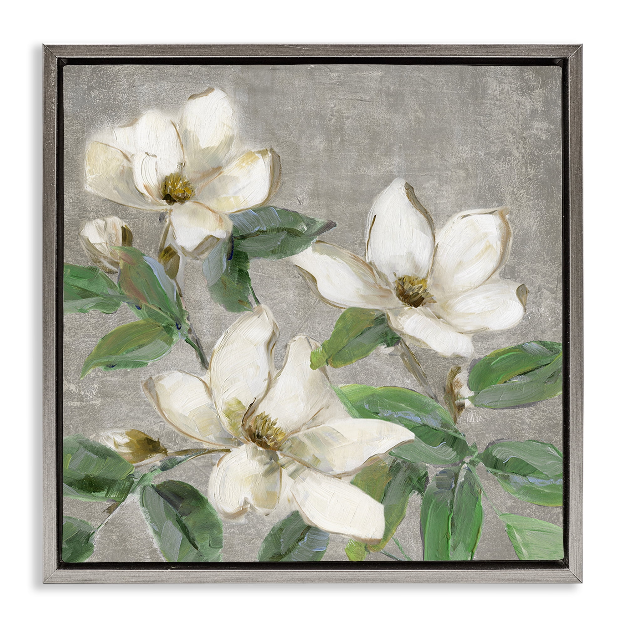 Stupell Industries Ivory Magnolias on Grey Gray Framed Floater Canvas Wall Art, design by Sally Swatland