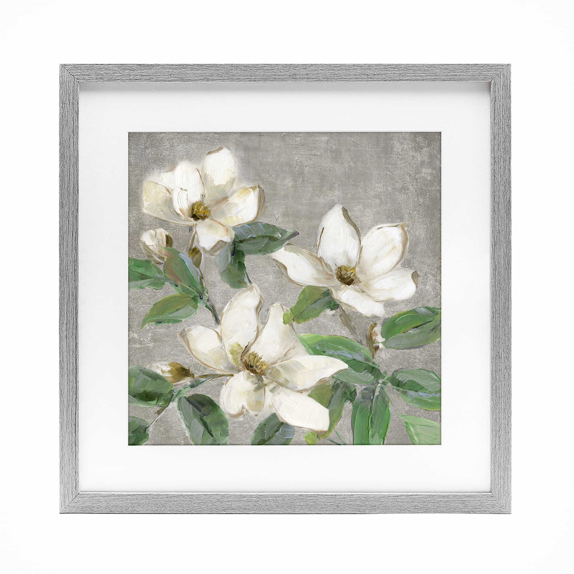 Stupell Industries Ivory Magnolias on Grey Gray Framed Print Under Glass, design by Sally Swatland