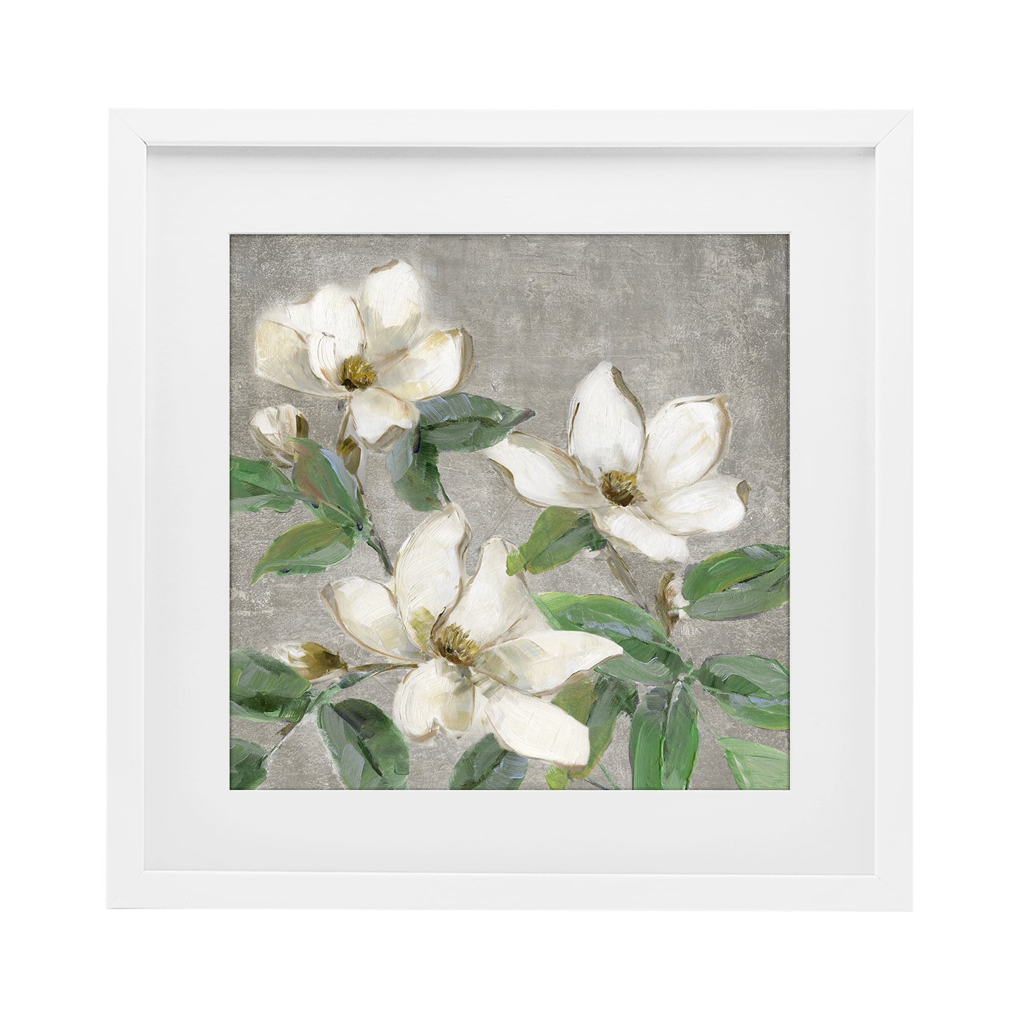 Stupell Industries Ivory Magnolias on Grey White Framed Print Under Glass, design by Sally Swatland