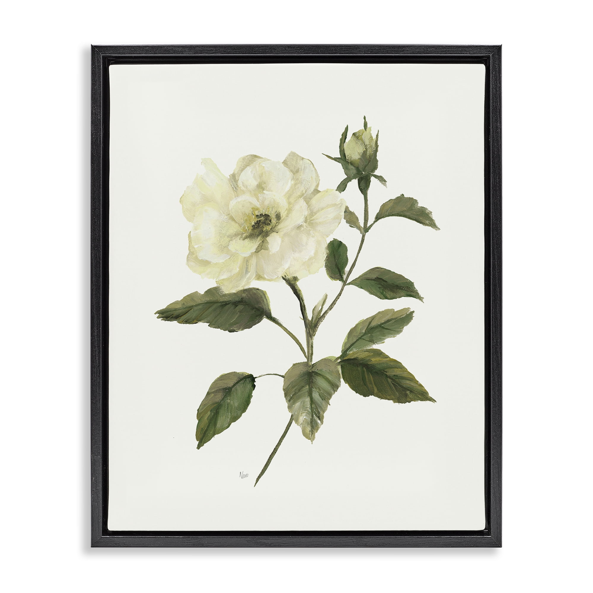 Stupell Industries Ivory Rose Bloom With Green Foliage Black Framed Floater Canvas Wall Art, design by Nan