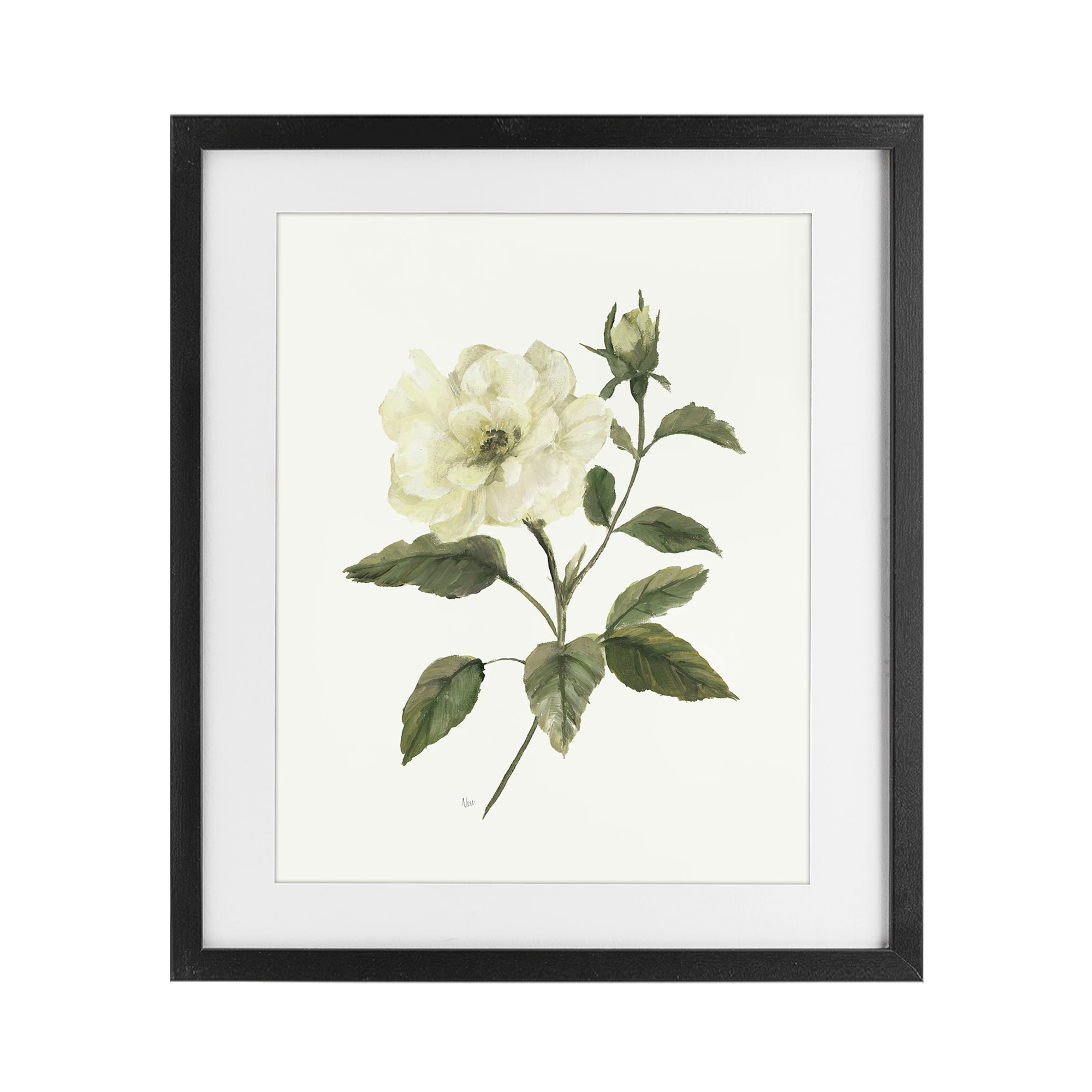 Stupell Industries Ivory Rose Bloom With Green Foliage Black Framed Print Under Glass, design by Nan