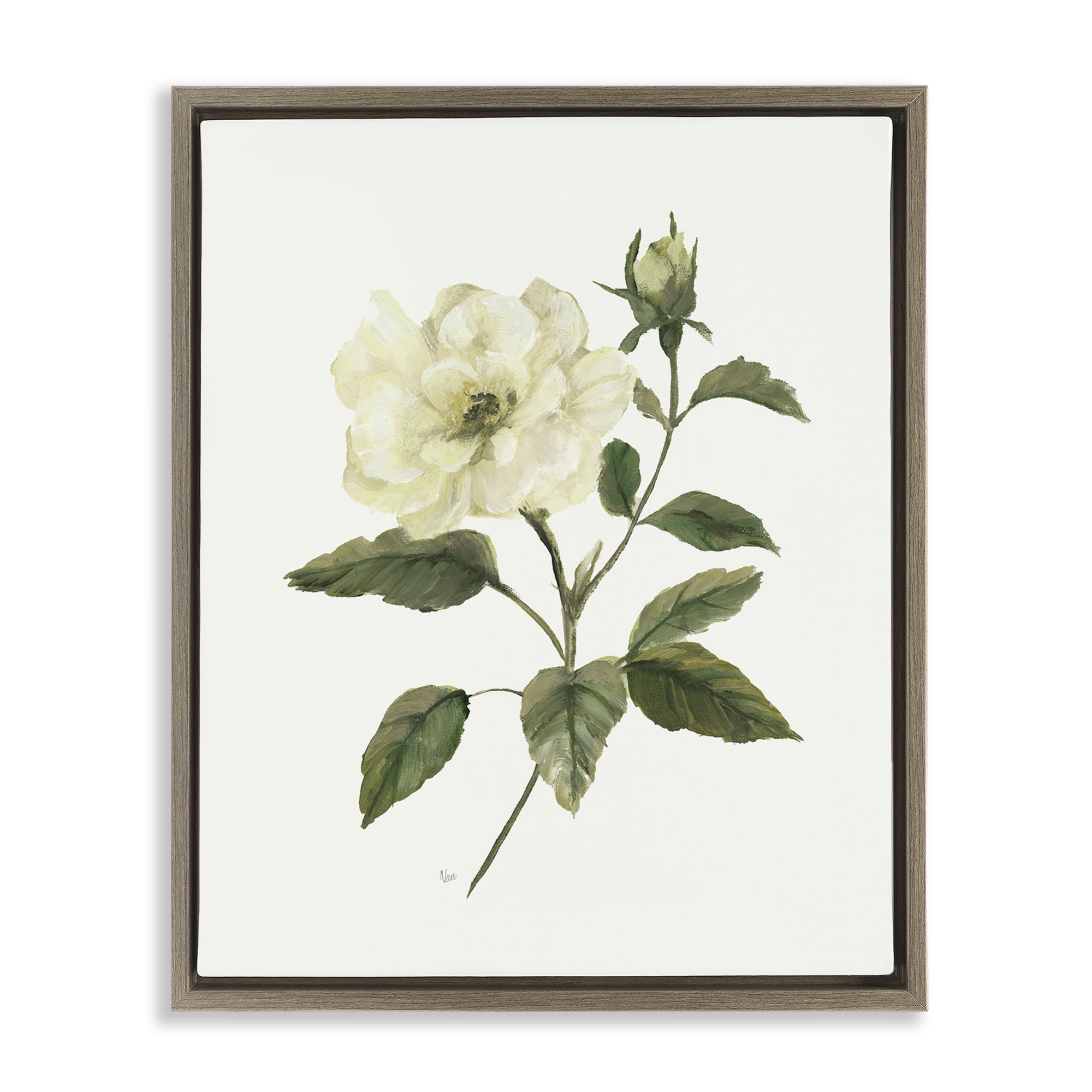 Stupell Industries Ivory Rose Bloom With Green Foliage Brown Framed Floater Canvas Wall Art, design by Nan