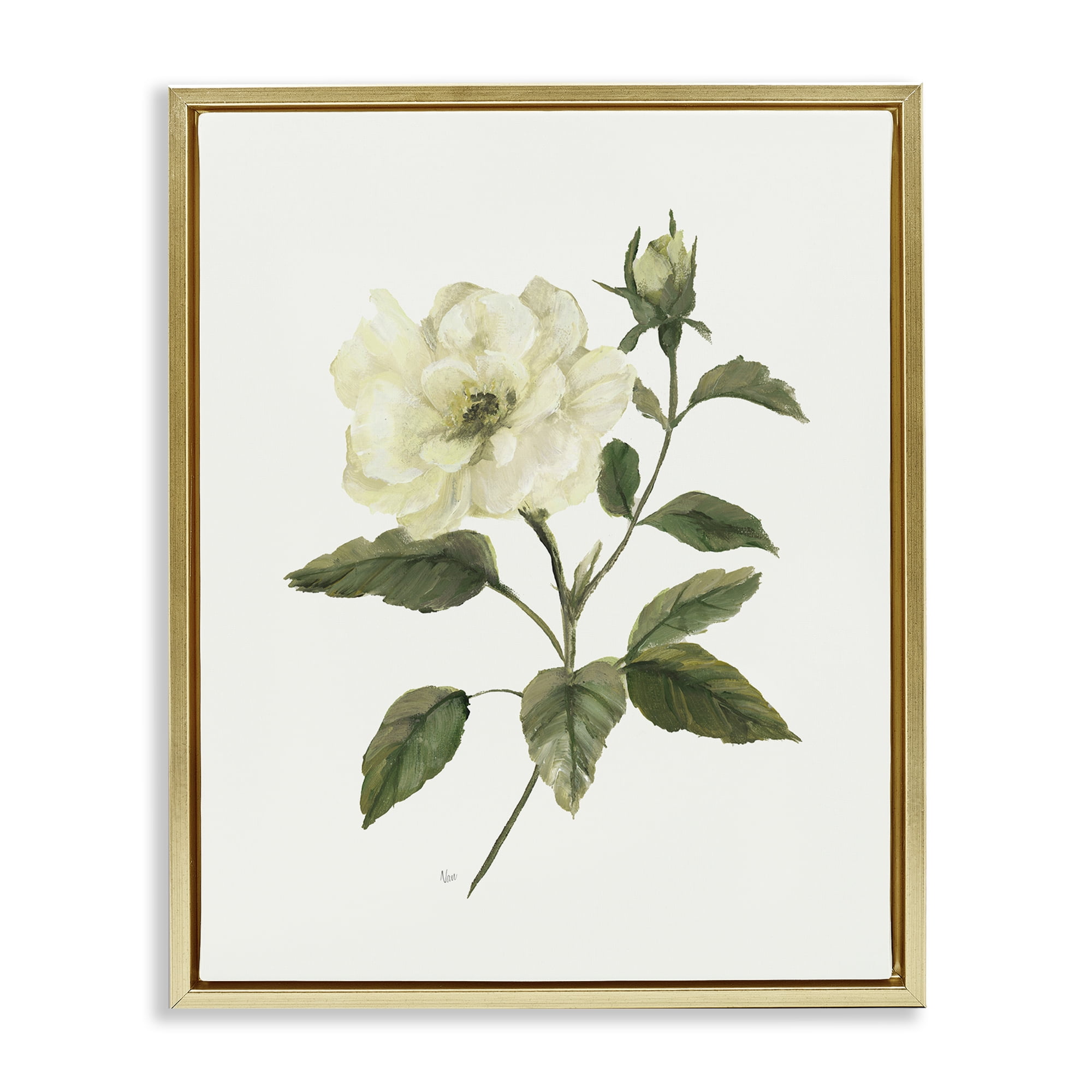Stupell Industries Ivory Rose Bloom With Green Foliage Gold Framed Floater Canvas Wall Art, design by Nan