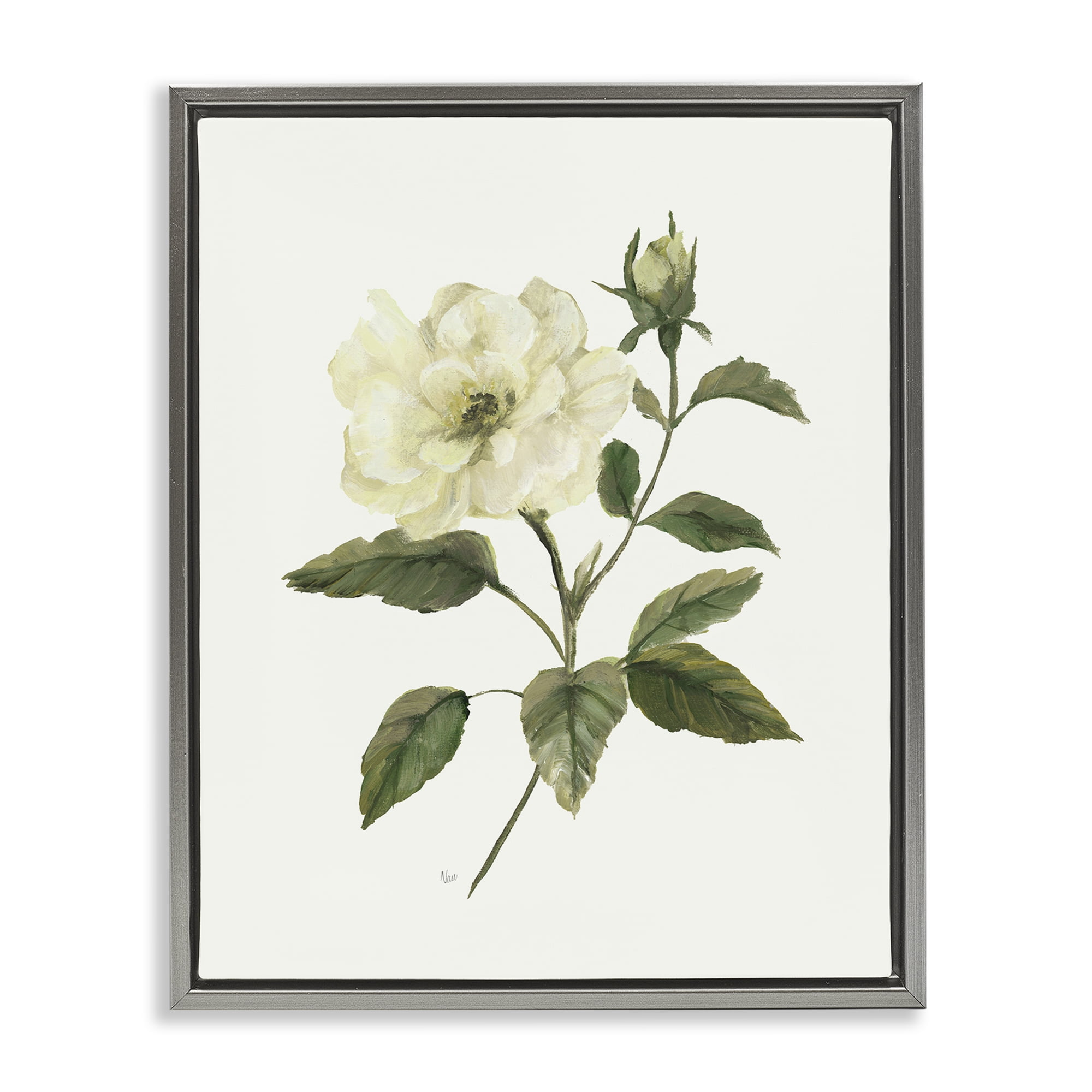 Stupell Industries Ivory Rose Bloom With Green Foliage Gray Framed Floater Canvas Wall Art, design by Nan
