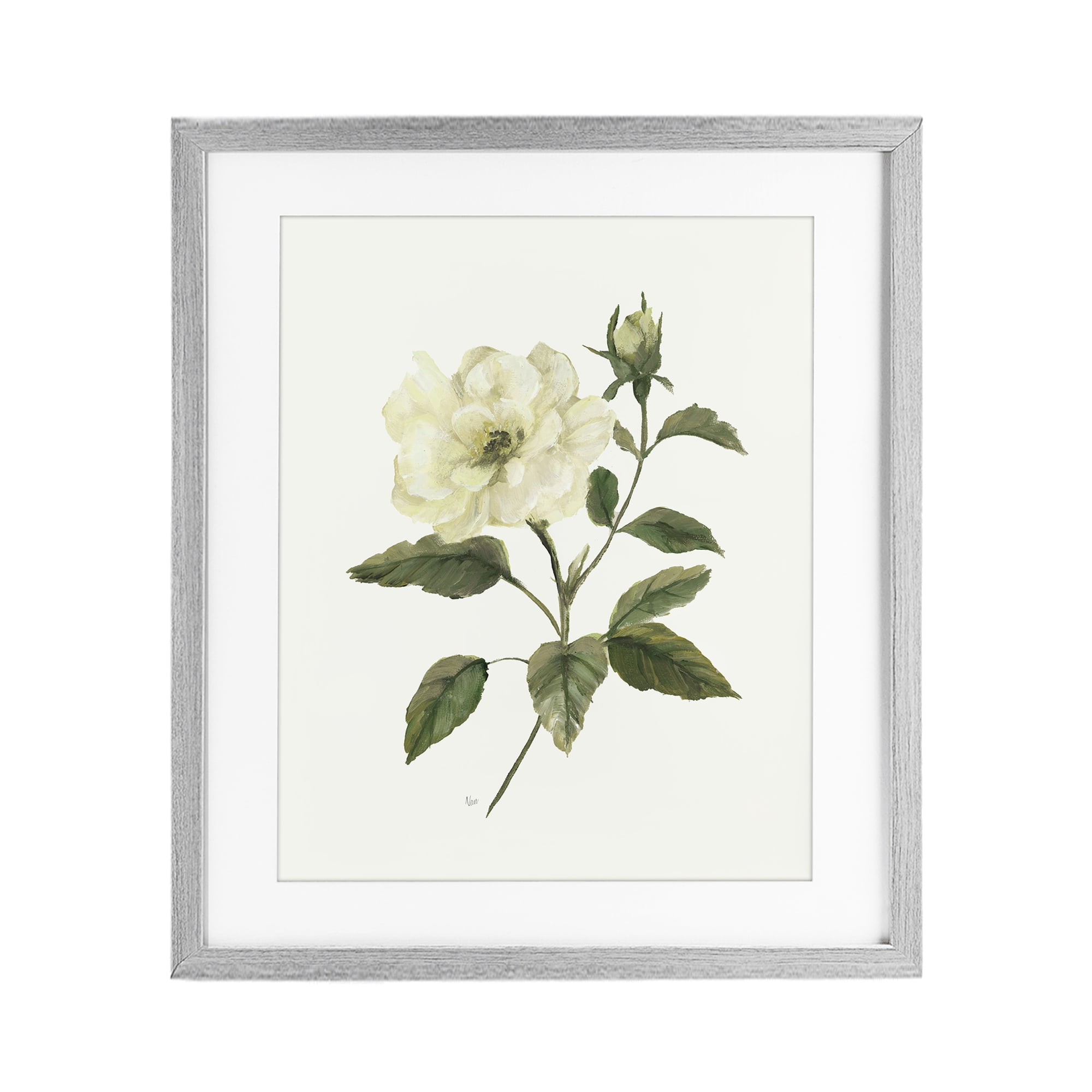 Stupell Industries Ivory Rose Bloom With Green Foliage Gray Framed Print Under Glass, design by Nan