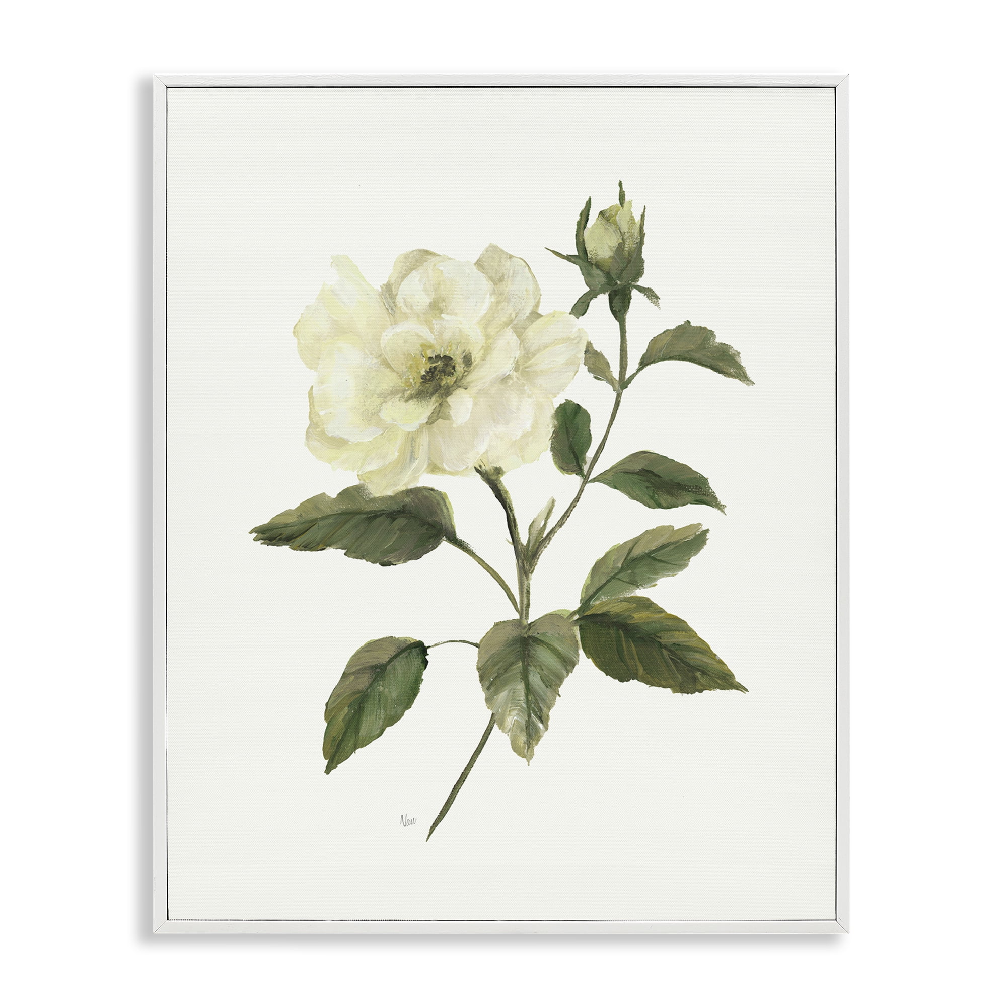 Stupell Industries Ivory Rose Bloom With Green Foliage White Framed Giclee Art, design by Nan