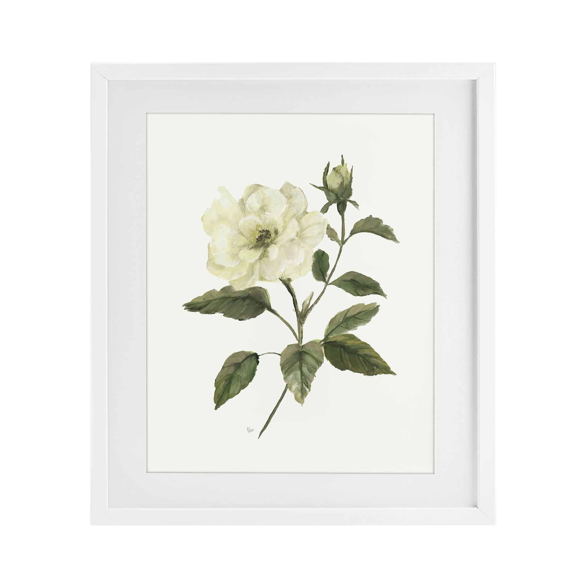 Stupell Industries Ivory Rose Bloom With Green Foliage White Framed Print Under Glass, design by Nan