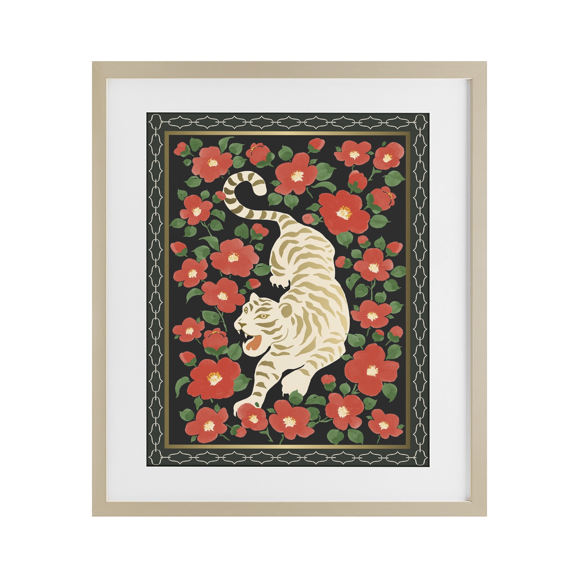 Stupell Industries Ivory Tiger Among Camelias Birch Framed Print Under Glass, design by Karolina Sato