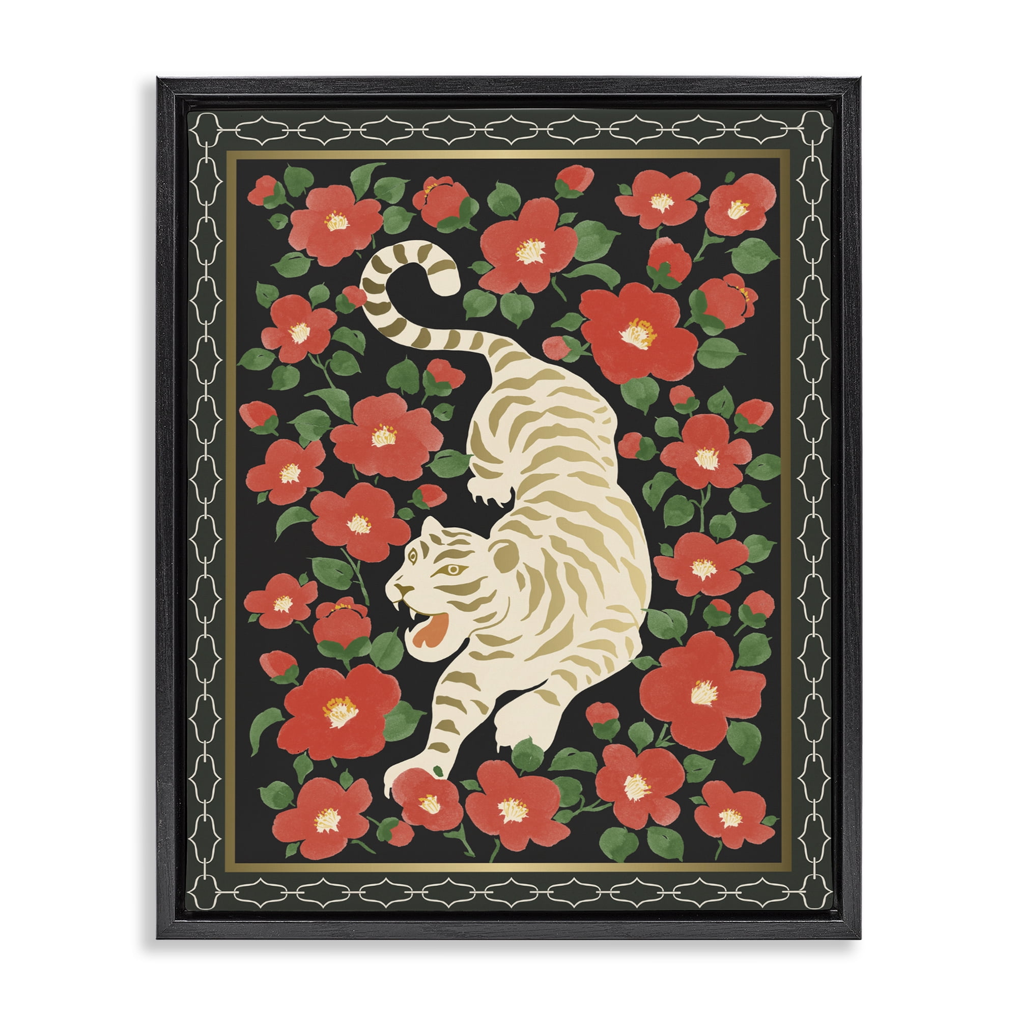 Stupell Industries Ivory Tiger Among Camelias Black Framed Floater Canvas Wall Art, design by Karolina Sato