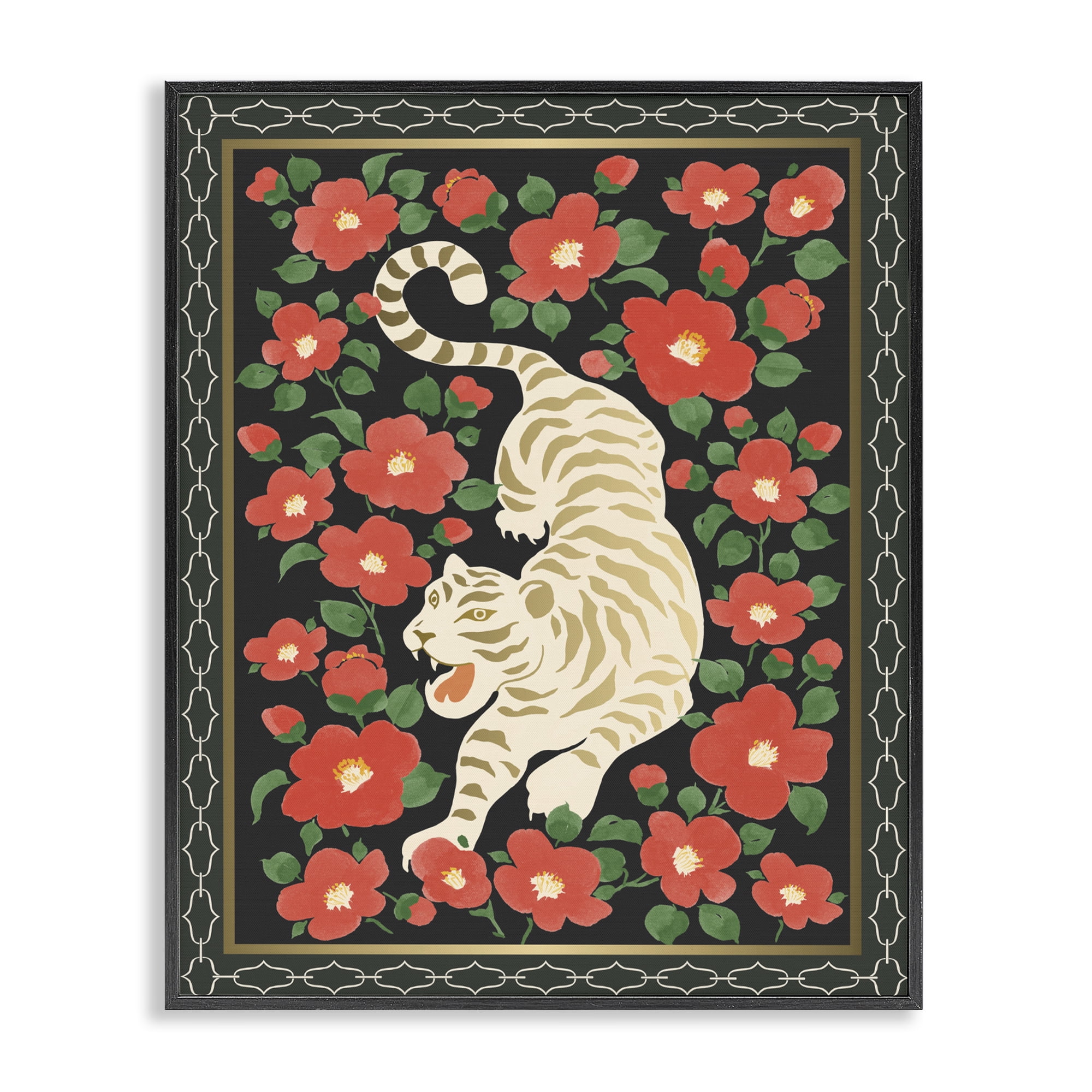 Stupell Industries Ivory Tiger Among Camelias Black Framed Giclee Art, design by Karolina Sato