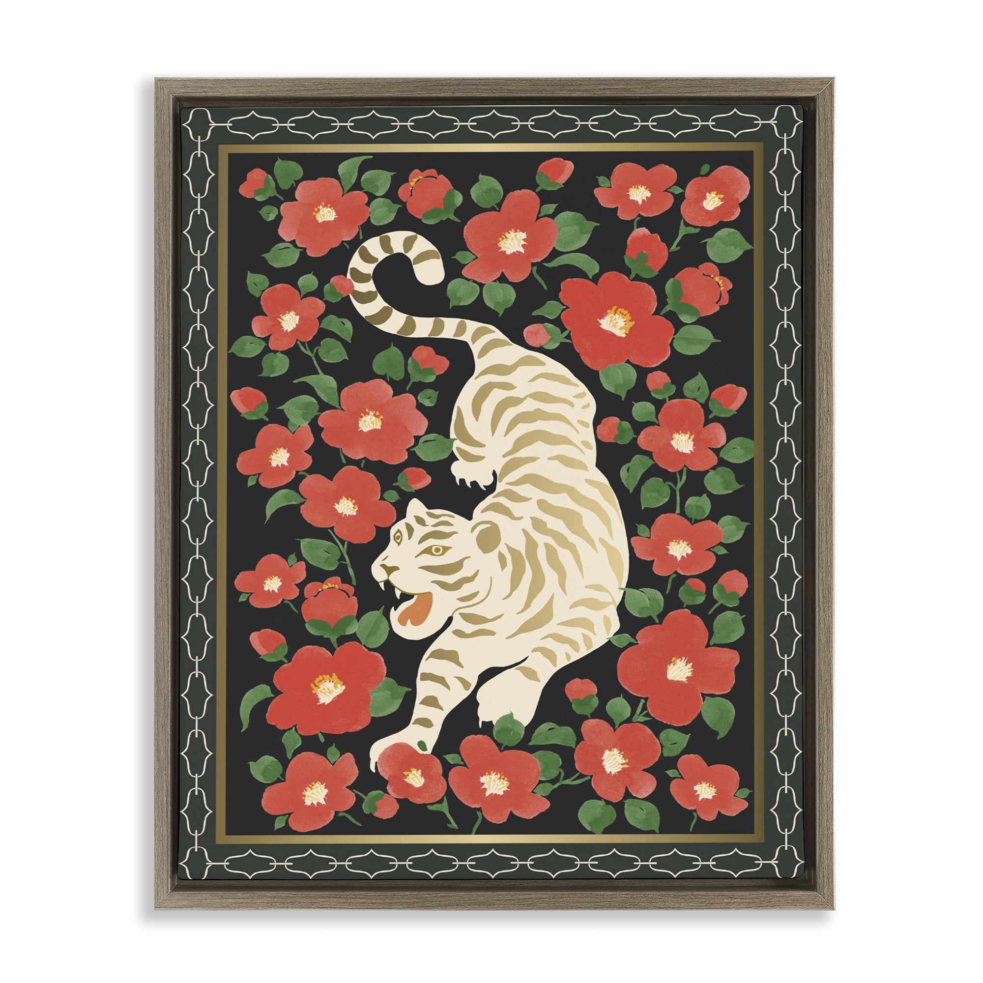 Stupell Industries Ivory Tiger Among Camelias Brown Framed Floater Canvas Wall Art, design by Karolina Sato