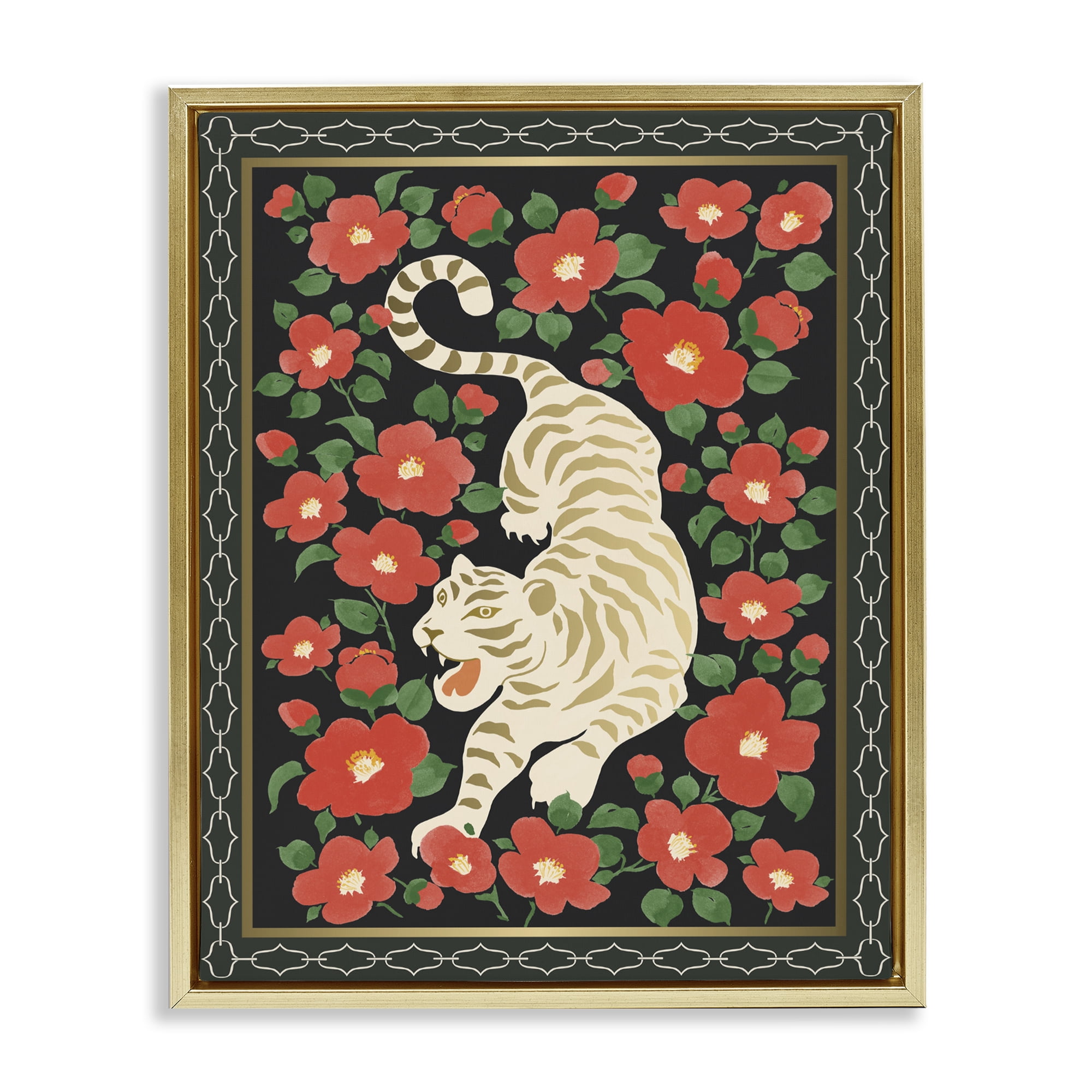Stupell Industries Ivory Tiger Among Camelias Gold Framed Floater Canvas Wall Art, design by Karolina Sato
