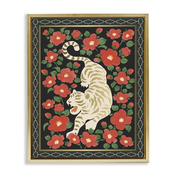 Stupell Industries Eclectic Ivory Tiger Among Camelias Gold Floating Frame Canvas Art, 25 x 31, by Karolina Sato