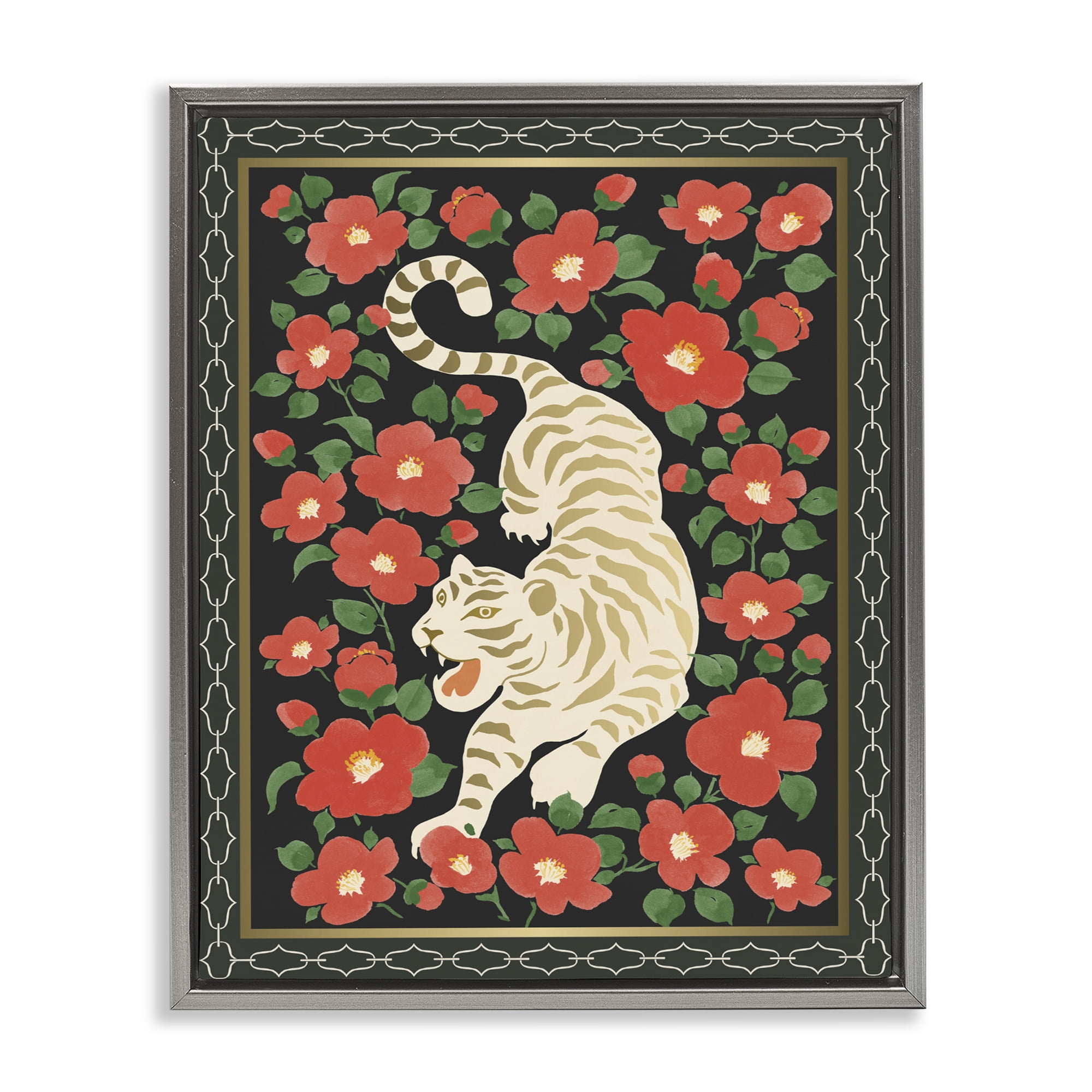 Stupell Industries Ivory Tiger Among Camelias Gray Framed Floater Canvas Wall Art, design by Karolina Sato