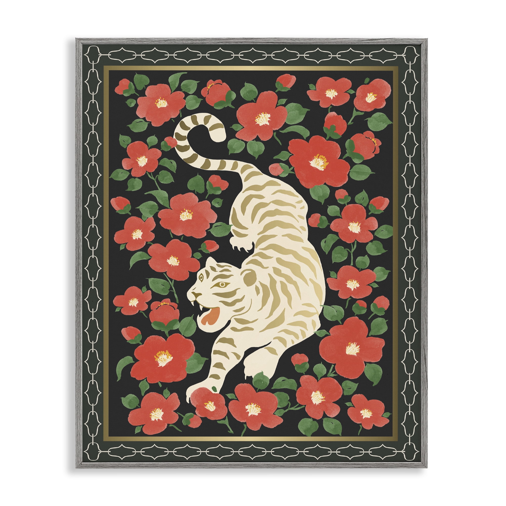 Stupell Industries Ivory Tiger Among Camelias Gray Framed Giclee Art, design by Karolina Sato