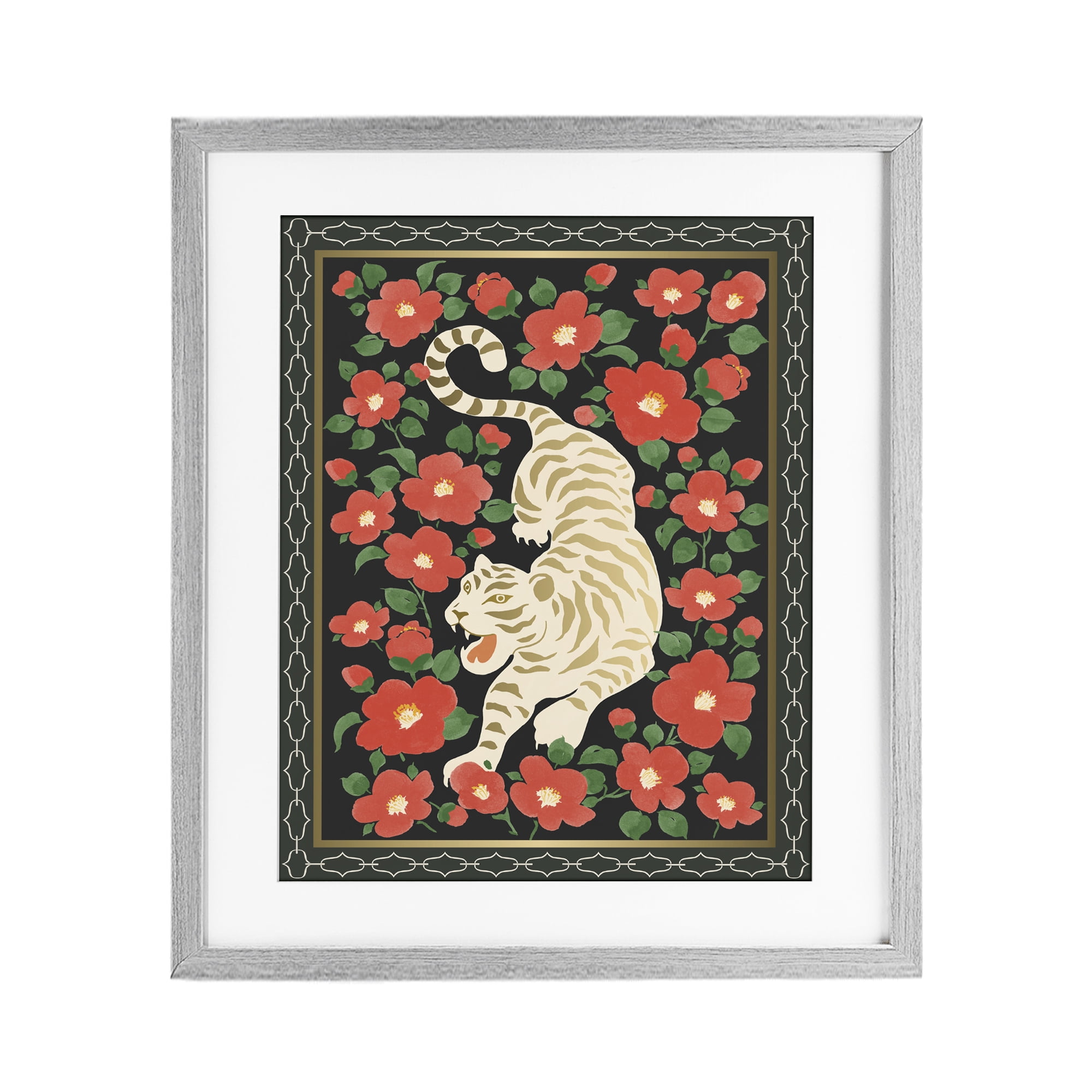 Stupell Industries Ivory Tiger Among Camelias Gray Framed Print Under Glass, design by Karolina Sato