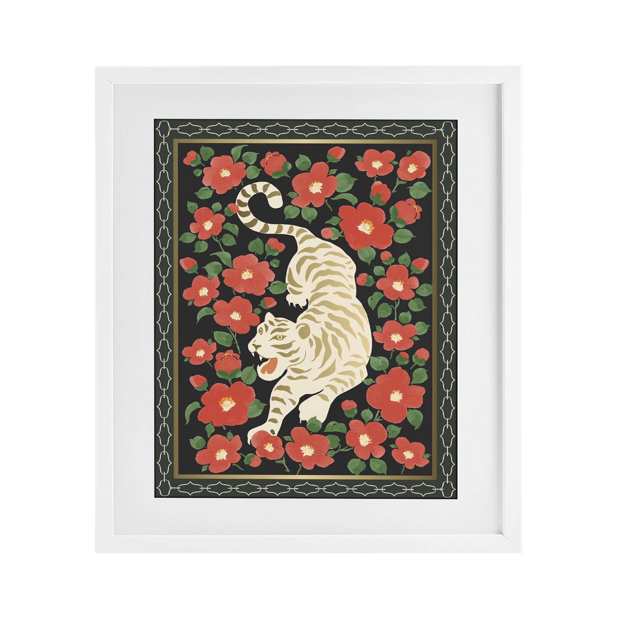 Stupell Industries Ivory Tiger Among Camelias White Framed Print Under Glass, design by Karolina Sato
