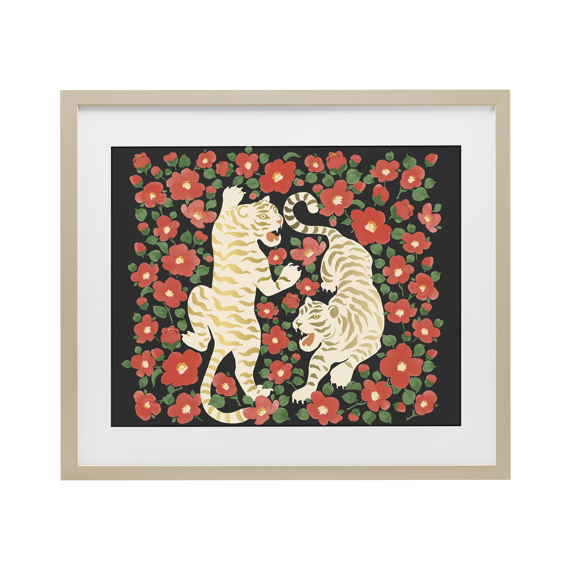 Stupell Industries Ivory Twin Tigers Among Flowers Birch Framed Print Under Glass, design by Karolina Sato