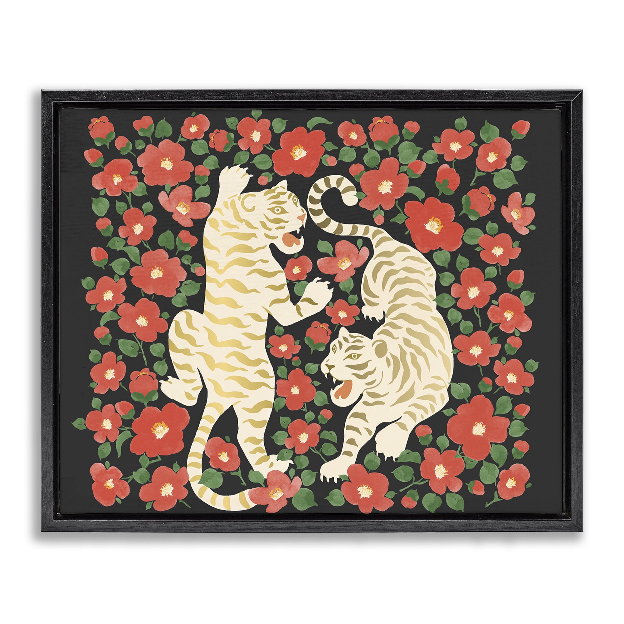 Stupell Industries Ivory Twin Tigers Among Flowers Black Framed Floater Canvas Wall Art, design by Karolina Sato
