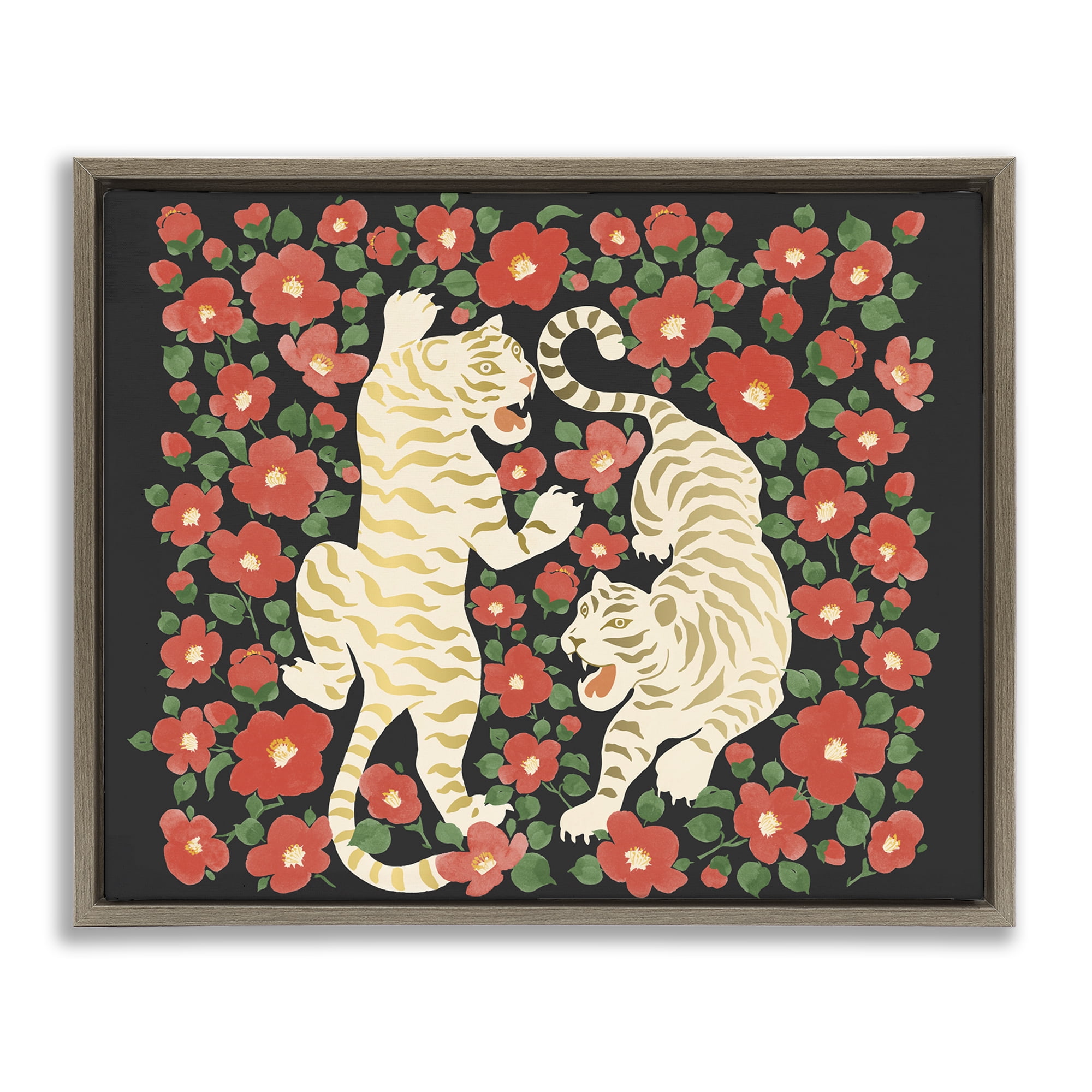 Stupell Industries Ivory Twin Tigers Among Flowers Brown Framed Floater Canvas Wall Art, design by Karolina Sato