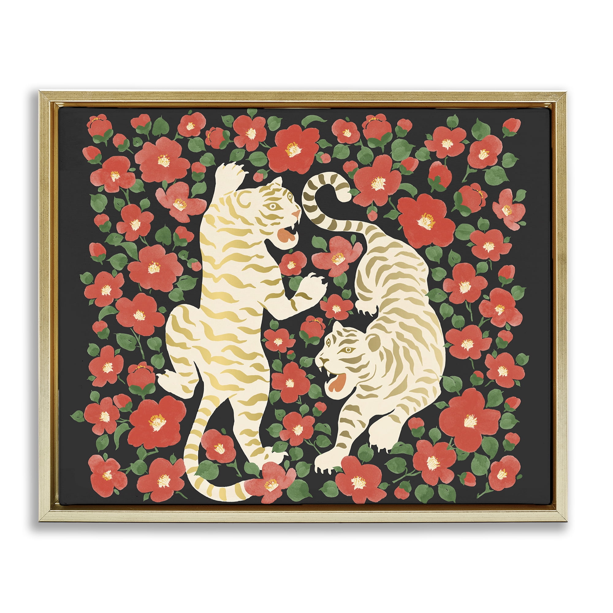 Stupell Industries Ivory Twin Tigers Among Flowers Gold Framed Floater Canvas Wall Art, design by Karolina Sato