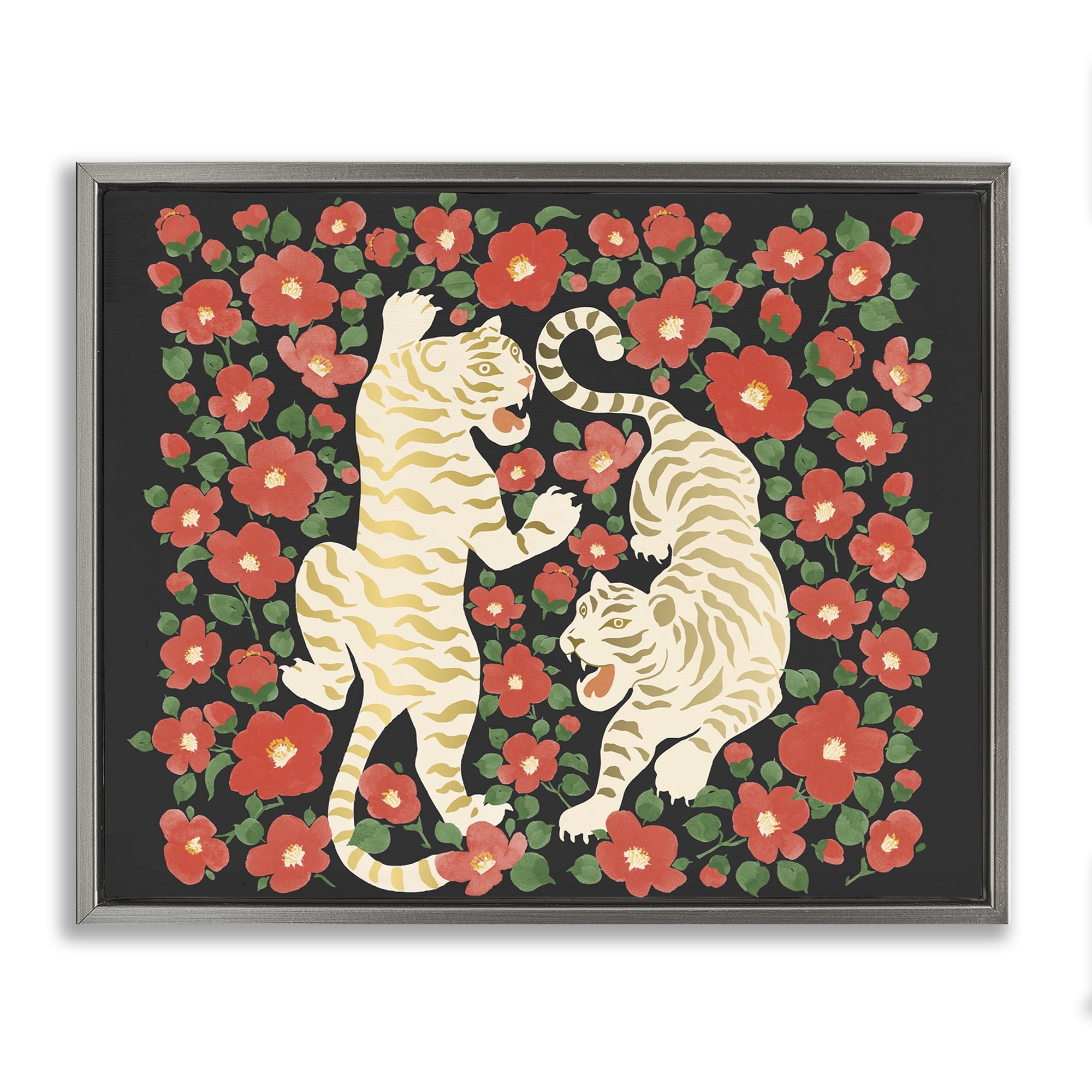 Stupell Industries Ivory Twin Tigers Among Flowers Gray Framed Floater Canvas Wall Art, design by Karolina Sato