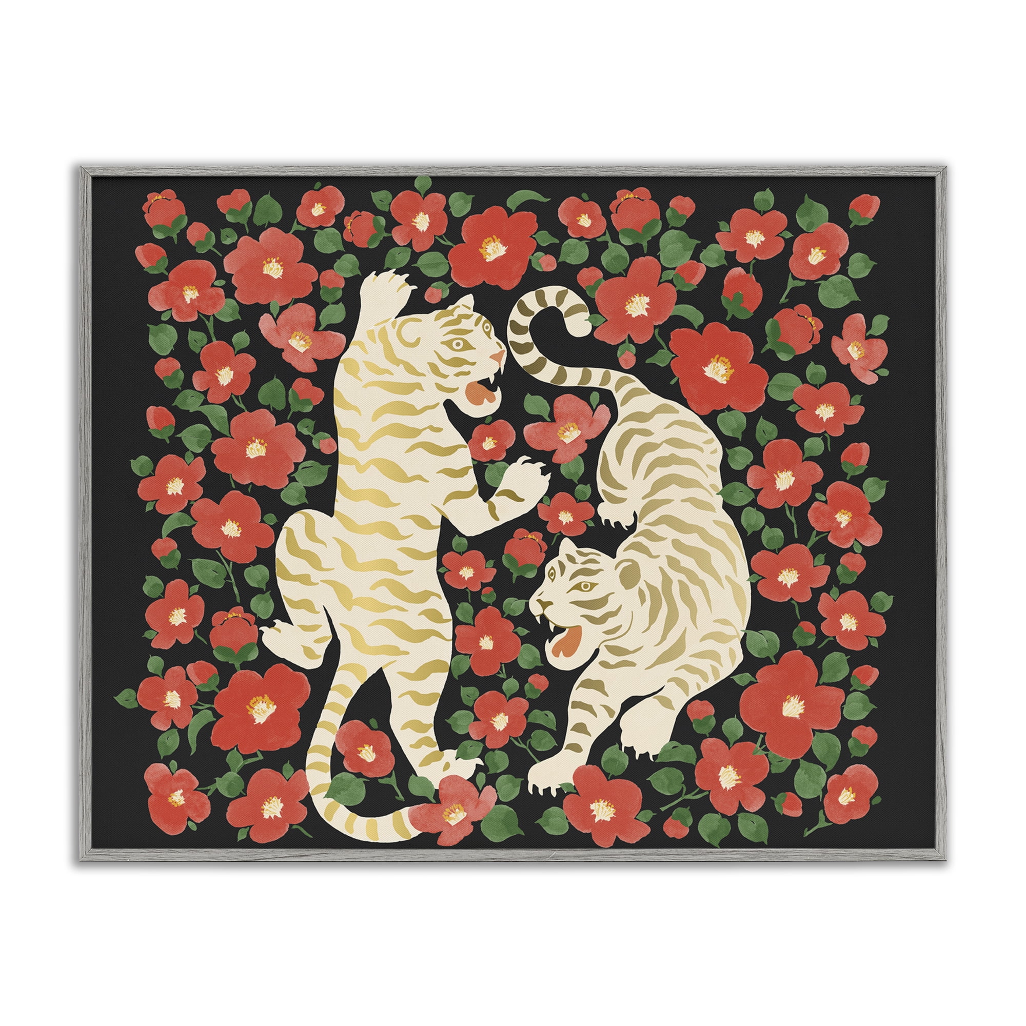 Stupell Industries Ivory Twin Tigers Among Flowers Gray Framed Giclee Art, design by Karolina Sato