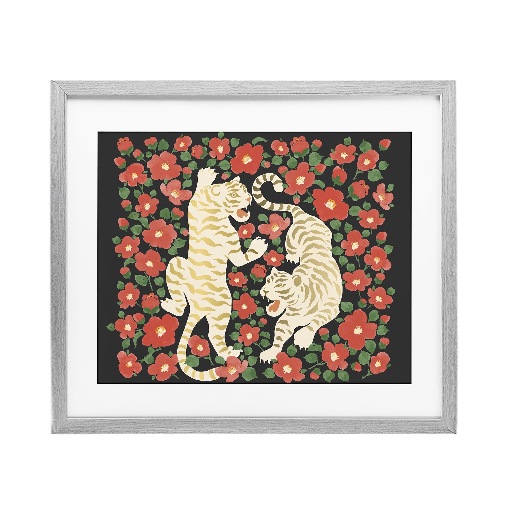 Stupell Industries Ivory Twin Tigers Among Flowers Gray Framed Print Under Glass, design by Karolina Sato
