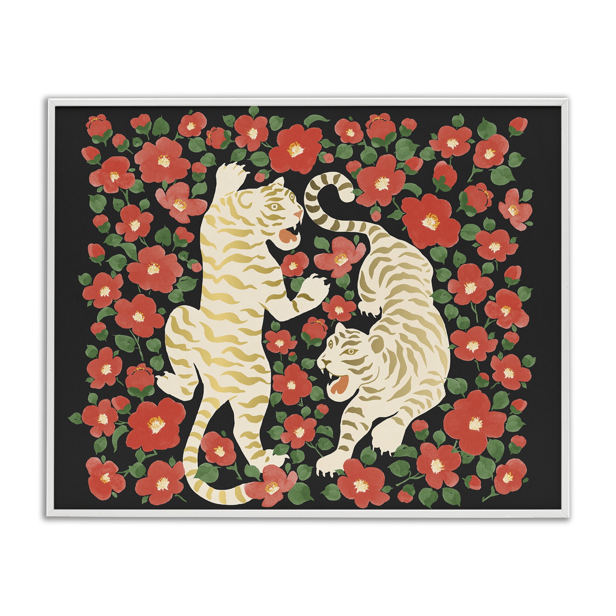 Stupell Industries Ivory Twin Tigers Among Flowers White Framed Giclee Art, design by Karolina Sato