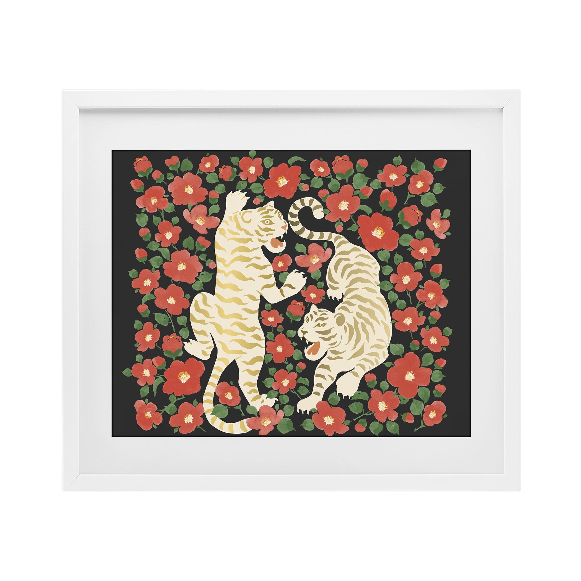 Stupell Industries Ivory Twin Tigers Among Flowers White Framed Print Under Glass, design by Karolina Sato