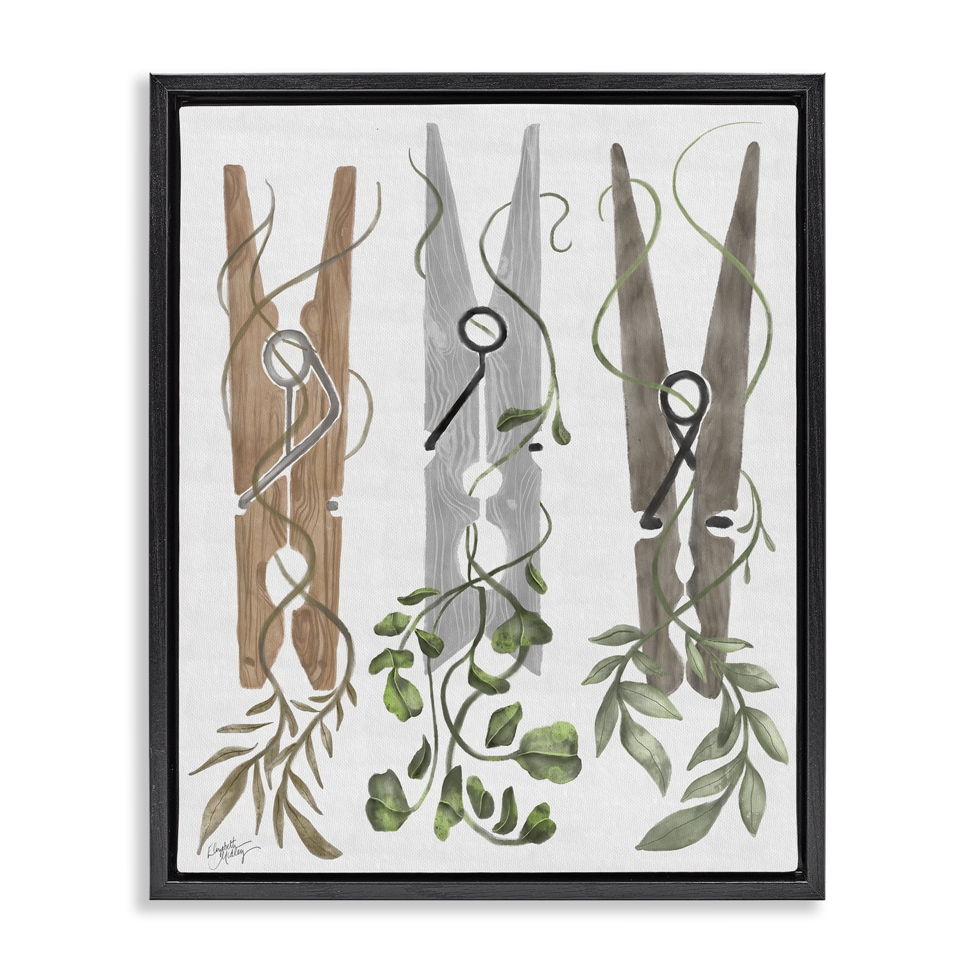 Stupell Industries Ivy Wrapped Clothespins Black Framed Floater Canvas Wall Art, design by Elizabeth Medley