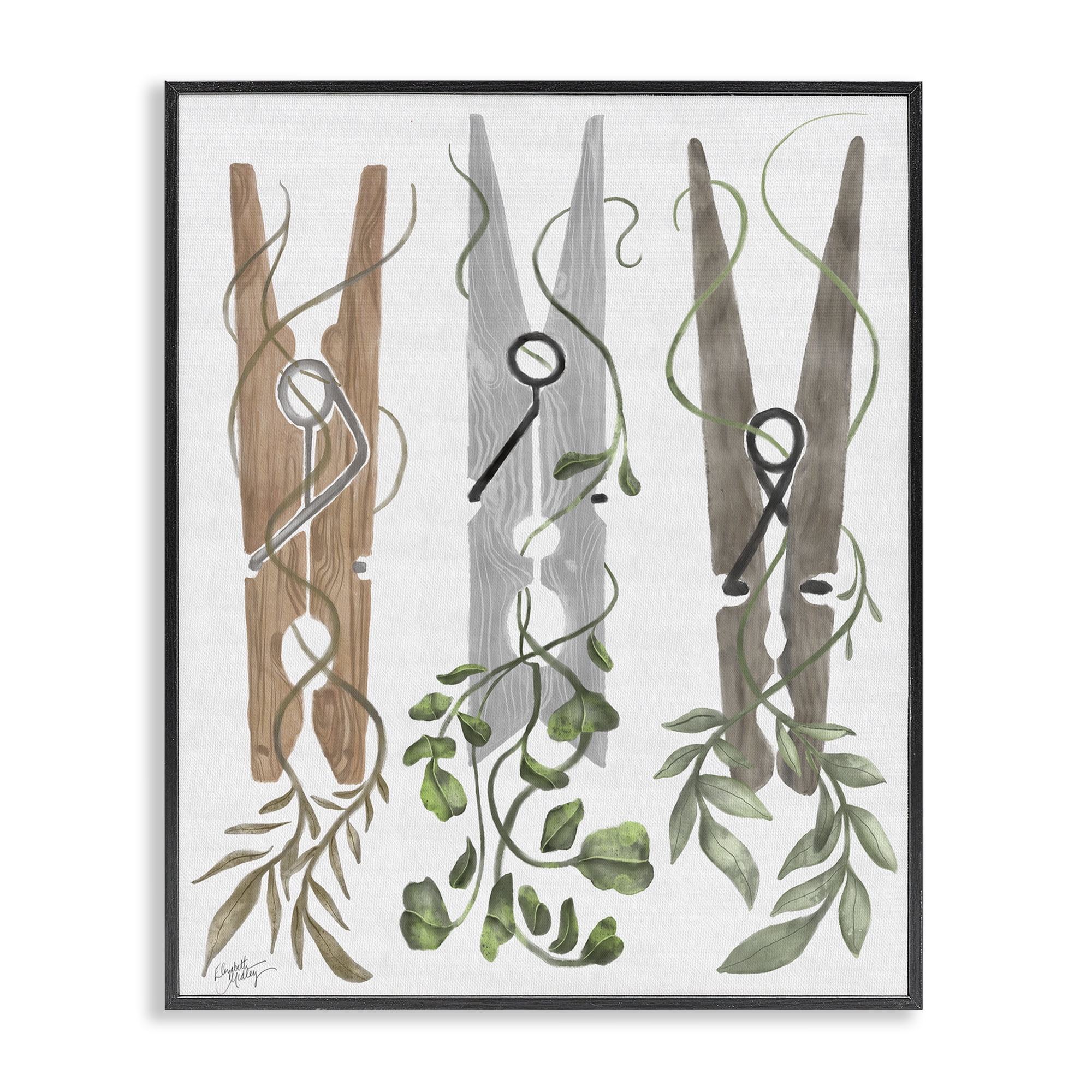 Stupell Industries Ivy Wrapped Clothespins Black Framed Giclee Art, design by Elizabeth Medley