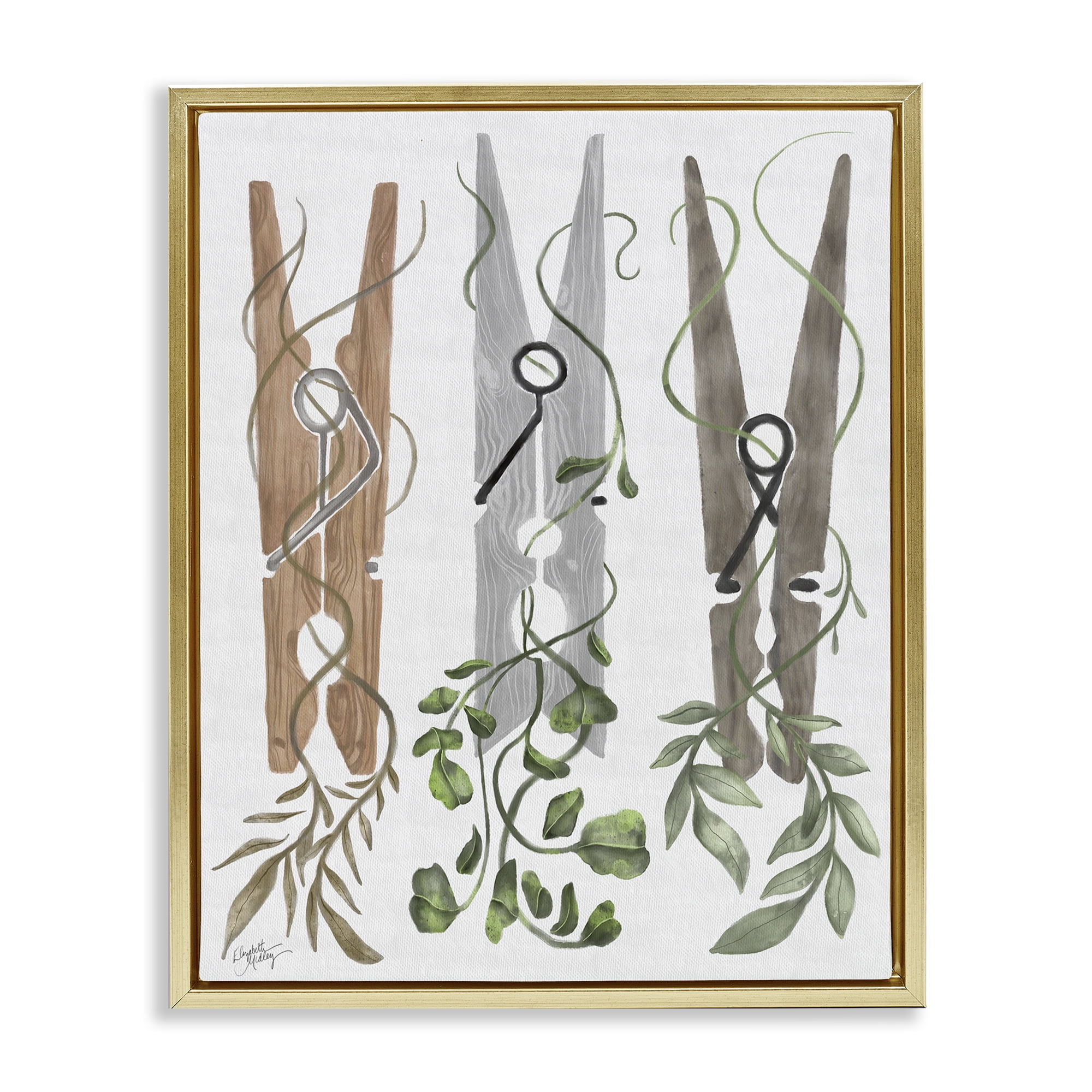 Stupell Industries Ivy Wrapped Clothespins Gold Framed Floater Canvas Wall Art, design by Elizabeth Medley
