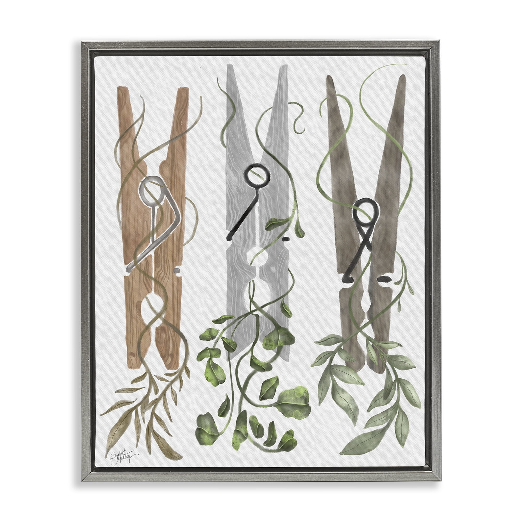 Stupell Industries Ivy Wrapped Clothespins Gray Framed Floater Canvas Wall Art, design by Elizabeth Medley