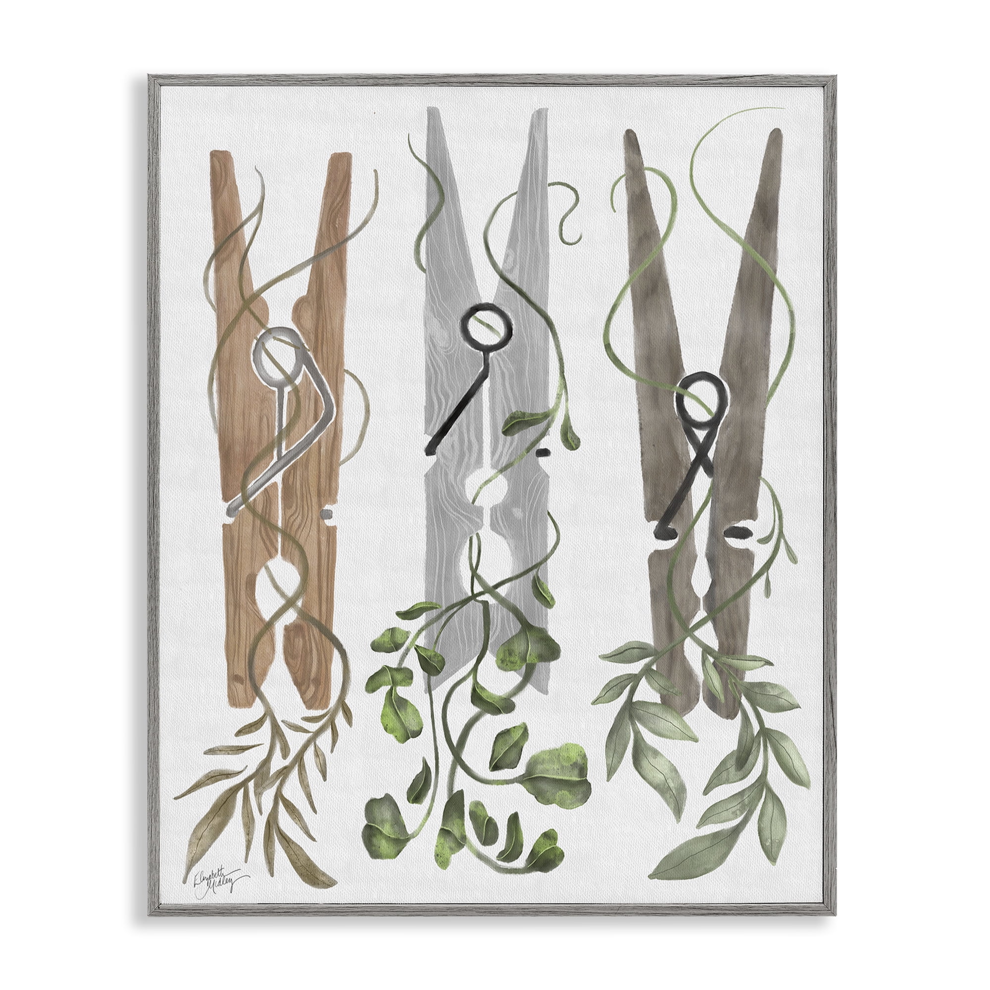 Stupell Industries Ivy Wrapped Clothespins Gray Framed Giclee Art, design by Elizabeth Medley