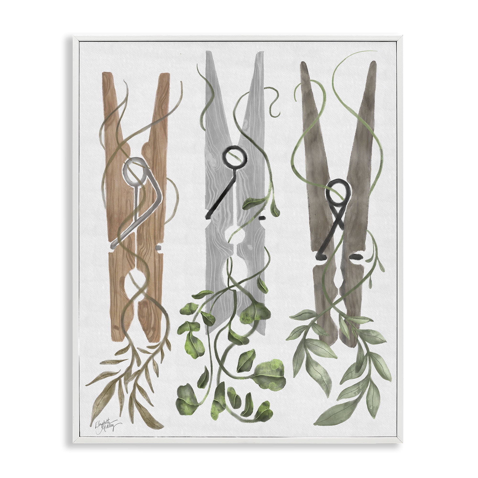 Stupell Industries Ivy Wrapped Clothespins White Framed Giclee Art, design by Elizabeth Medley