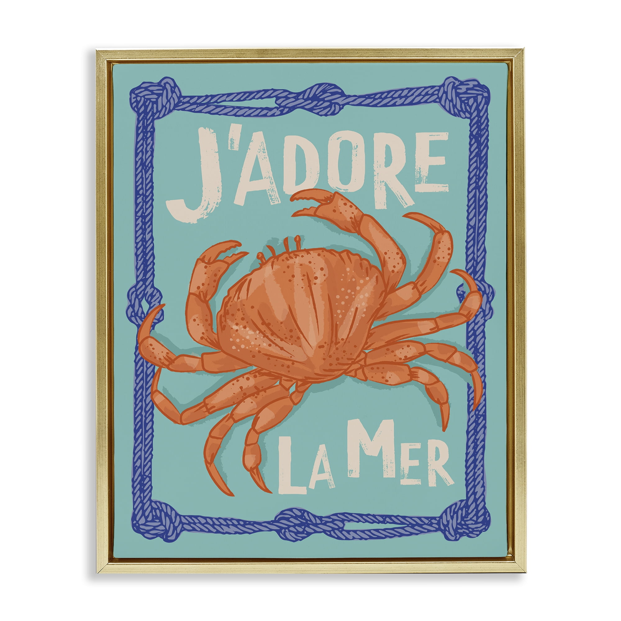 Stupell Industries J'adore La Mer Crab Animals Painting Gold Floater Framed Canvas Art Print Wall Art, 25 x 31