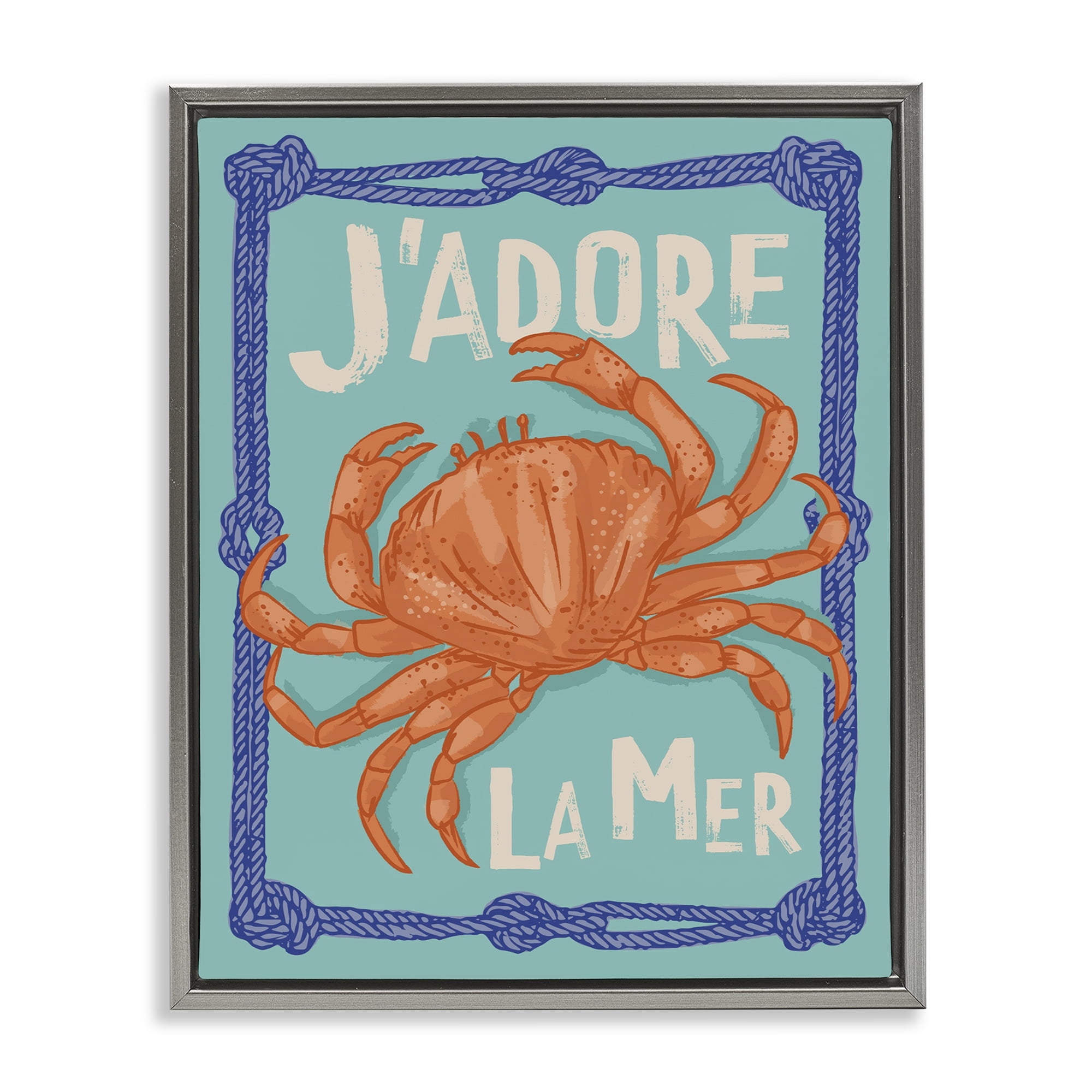 Stupell Industries J'adore La Mer Crab Animals Painting Gray Floater Framed Canvas Art Print Wall Art, 17 x 21