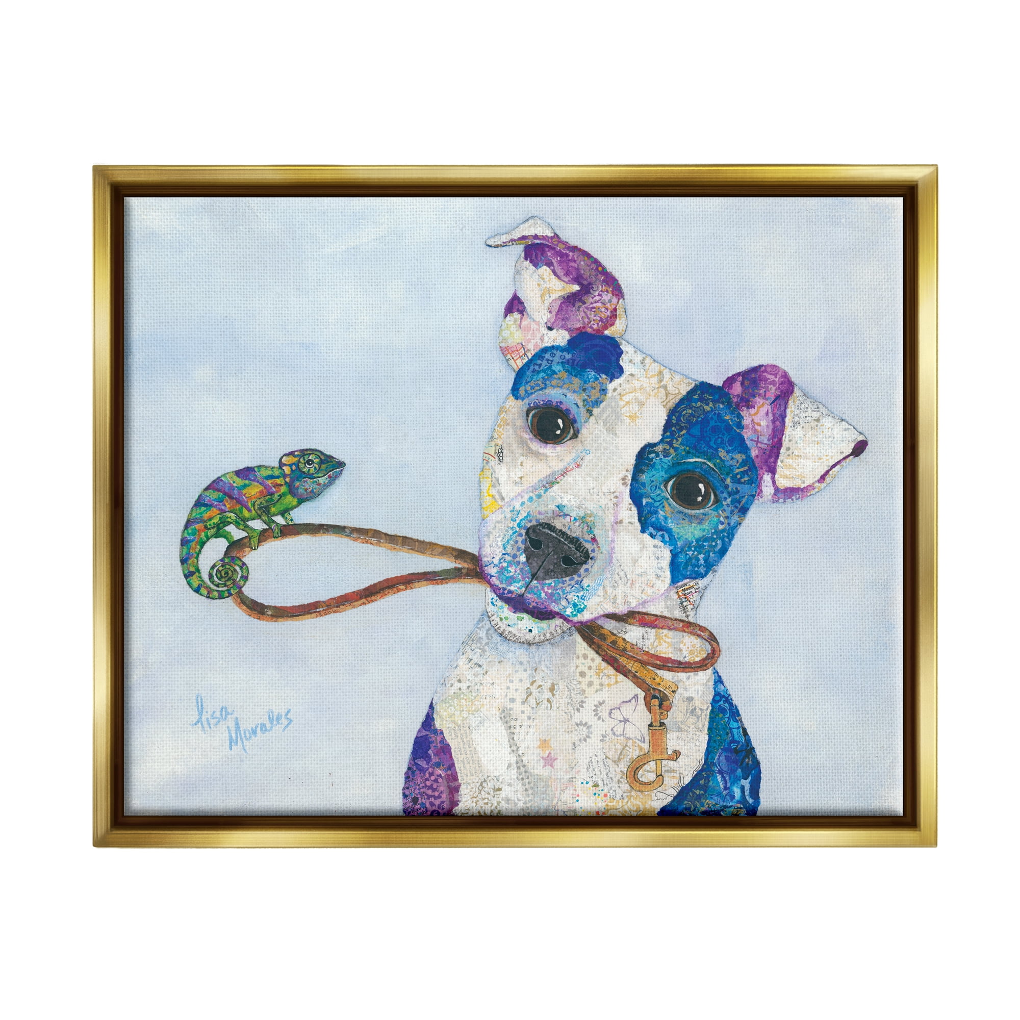 Stupell Industries Jack & Chameleon Smiling Dog Portrait Collage Painting Metallic Gold Floating Framed Canvas Print Wall Art, Design by Lisa Morales