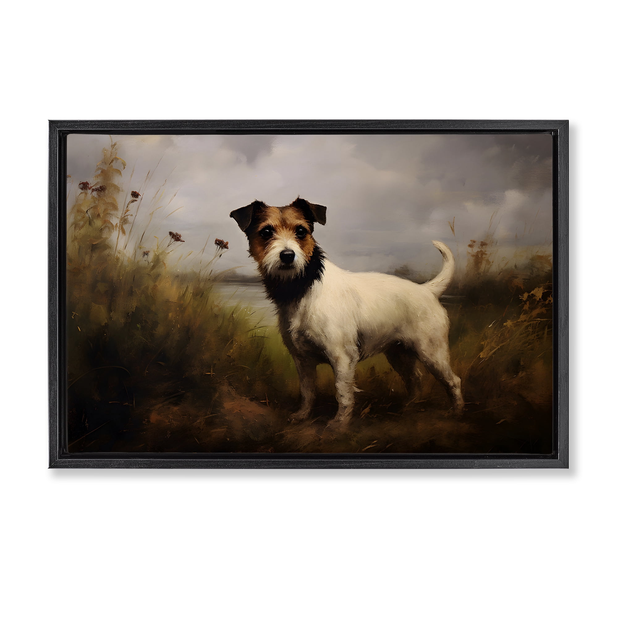 Stupell Industries Jack Russell Terrier Landscape Landscape Painting Black Floater Framed Canvas Art Print Wall Art, 31 x 21