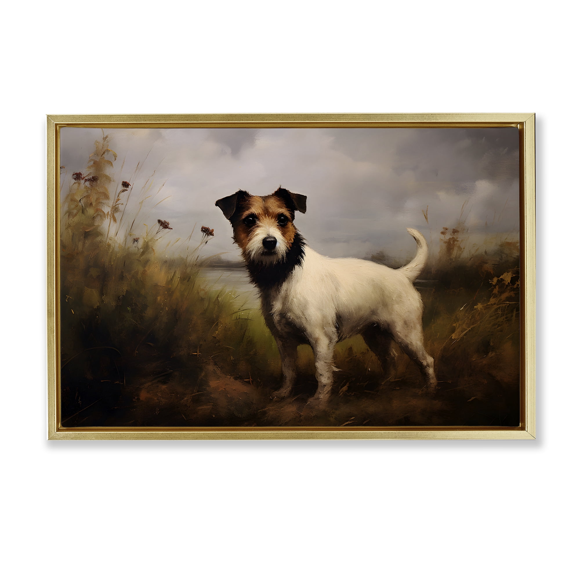 Stupell Industries Jack Russell Terrier Landscape Landscape Painting Gold Floater Framed Canvas Art Print Wall Art, 25 x 17