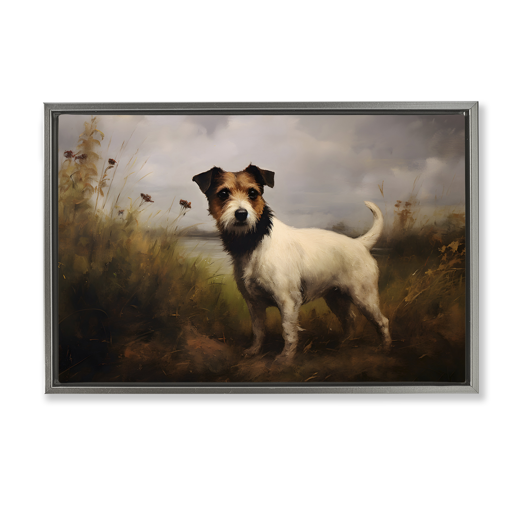 Stupell Industries Jack Russell Terrier Landscape Landscape Painting Gray Floater Framed Canvas Art Print Wall Art, 31 x 21