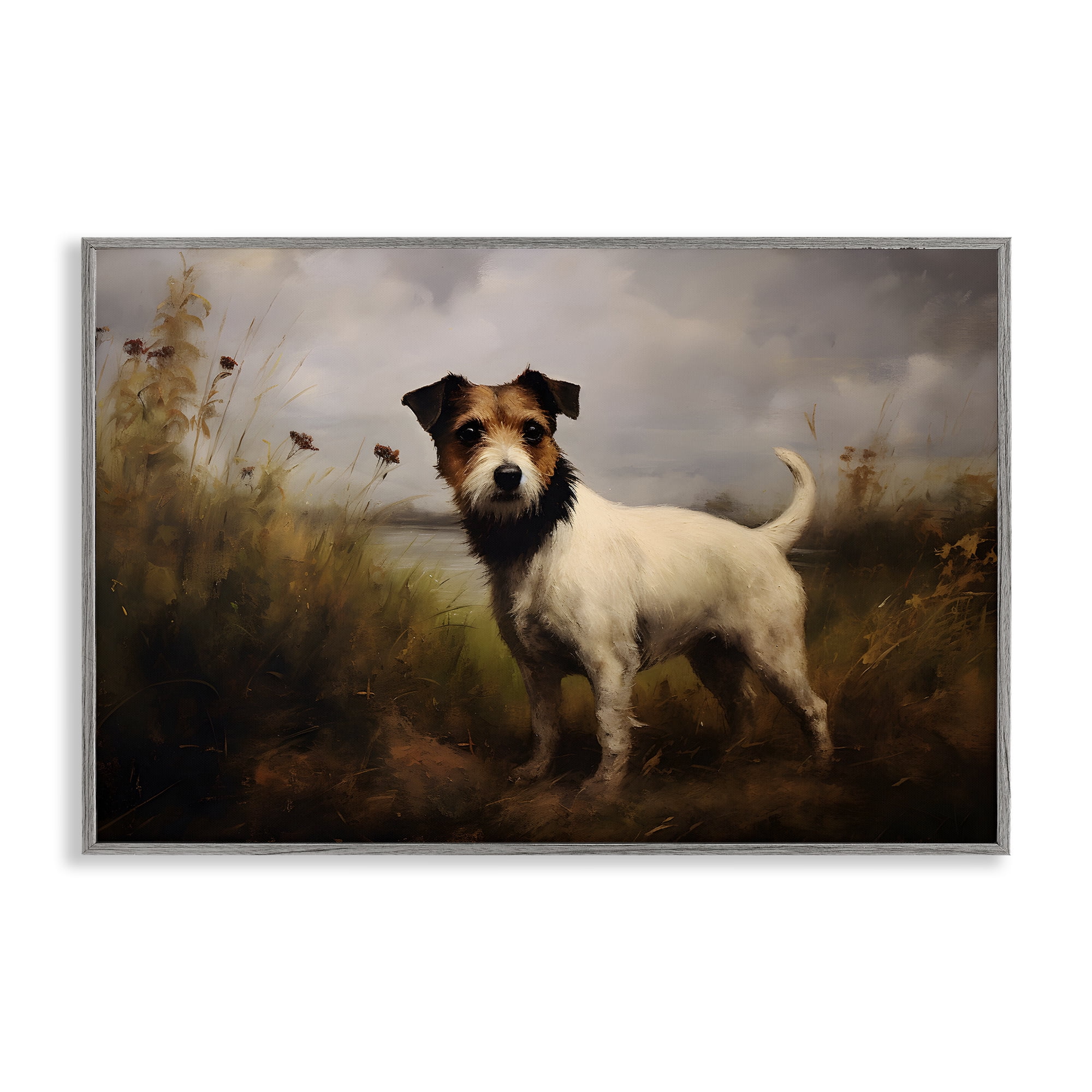 Stupell Industries Jack Russell Terrier Landscape Landscape Painting Gray Framed Art Print Wall Art, 30 x 20