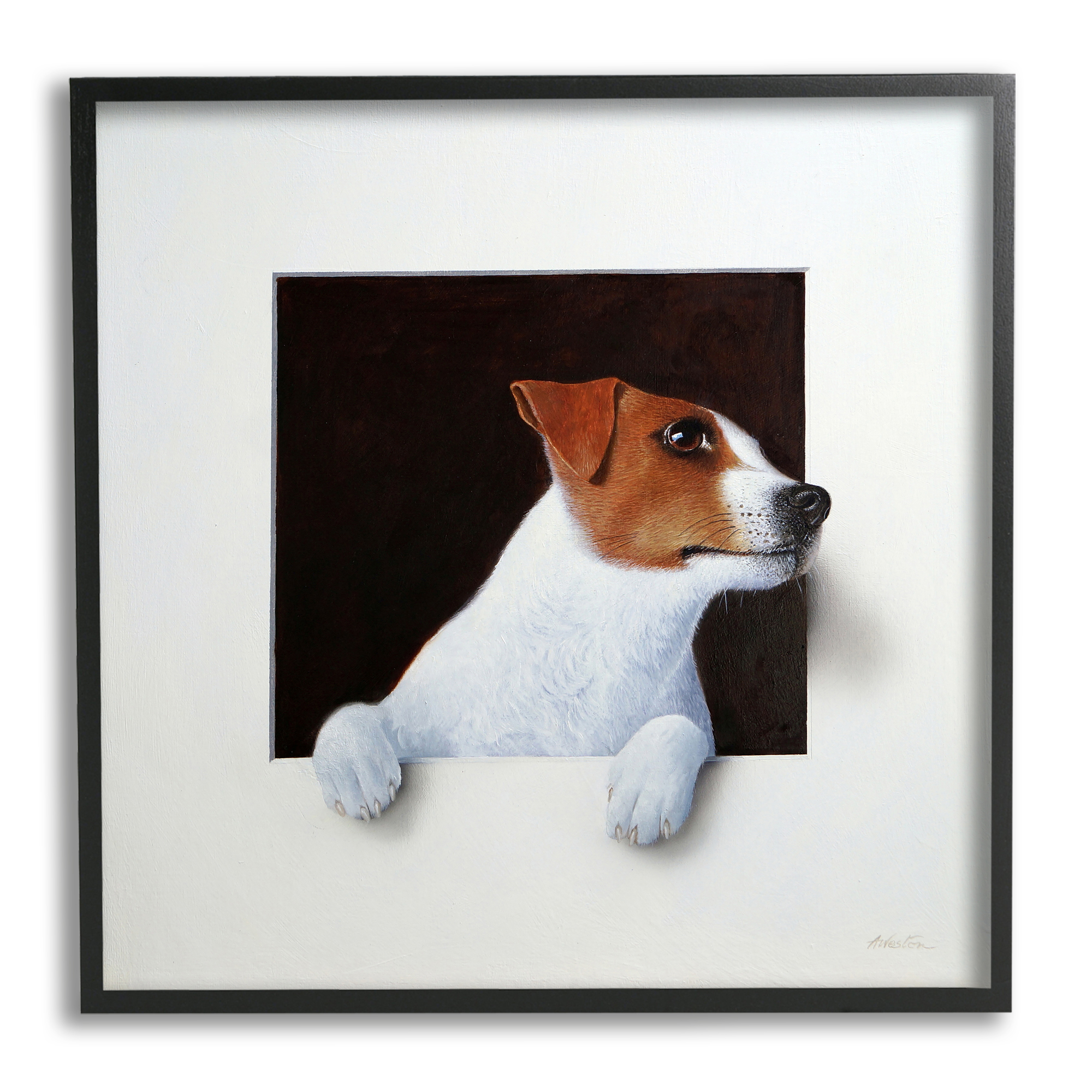 Stupell Industries Jack Terrier Dog Peering Dreamlike Illusion Space Painting Black Framed Art Print Wall Art, Design by Alan Weston