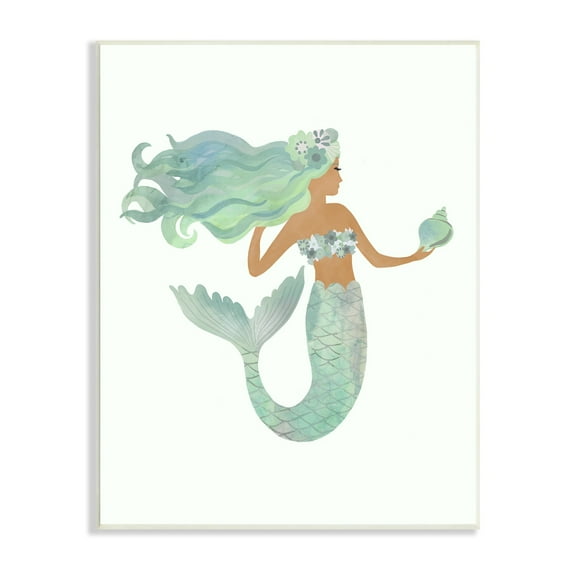 Stupell Industries Jade Mermaid Holding Shell Flower Outfit Fantasy Character,10 x 15, Design by Laura Konyndyk