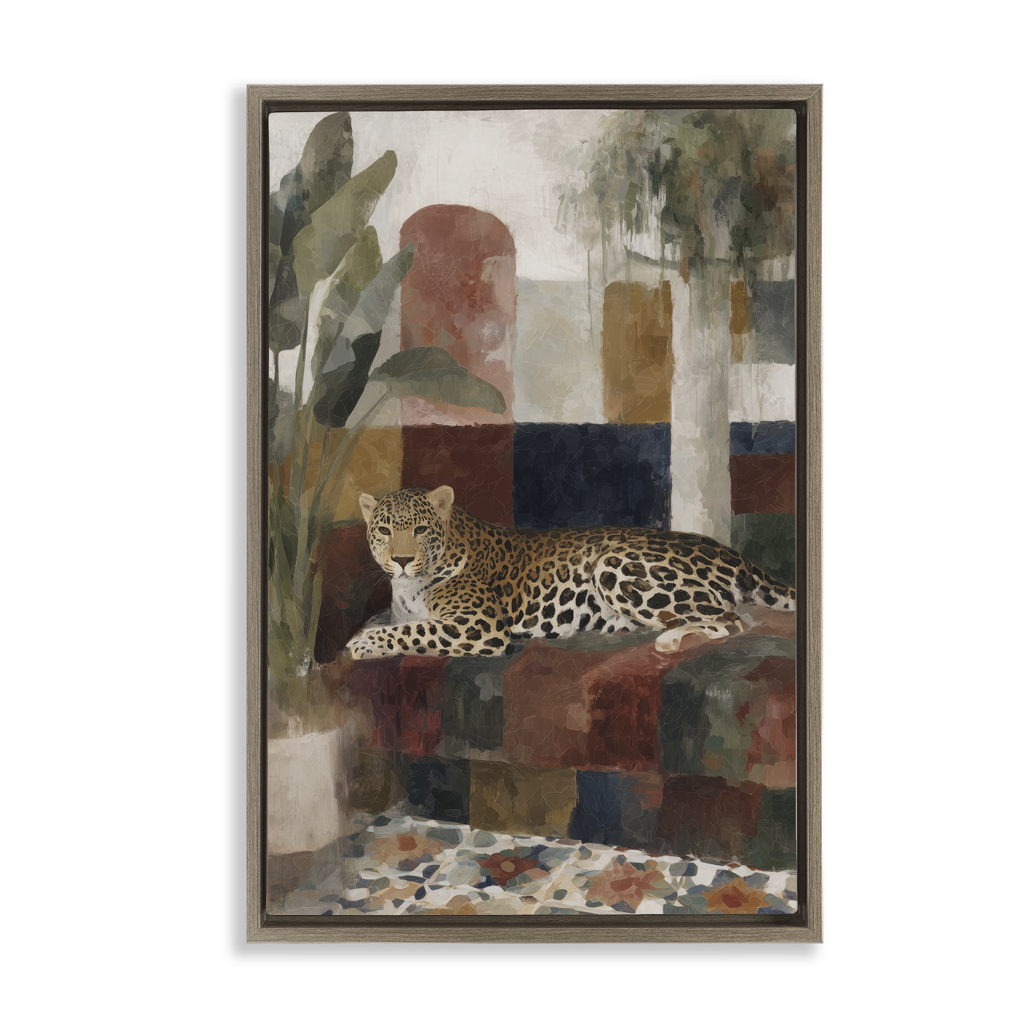 Stupell Industries Jaguar Among Tropical Palms Brown Framed Floater Canvas Wall Art, design by Chromatic Storm Studio