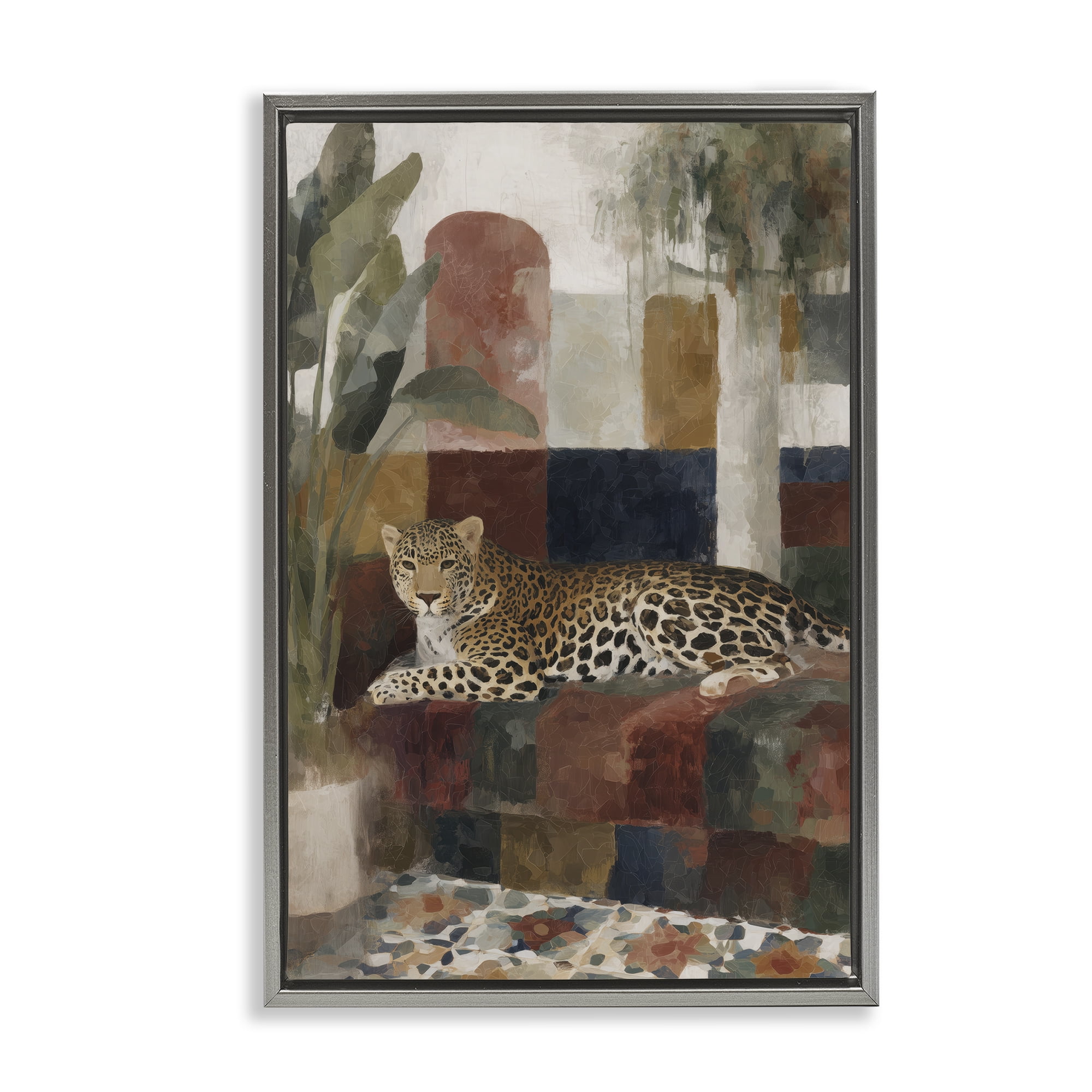 Stupell Industries Jaguar Among Tropical Palms Gray Framed Floater Canvas Wall Art, design by Chromatic Storm Studio